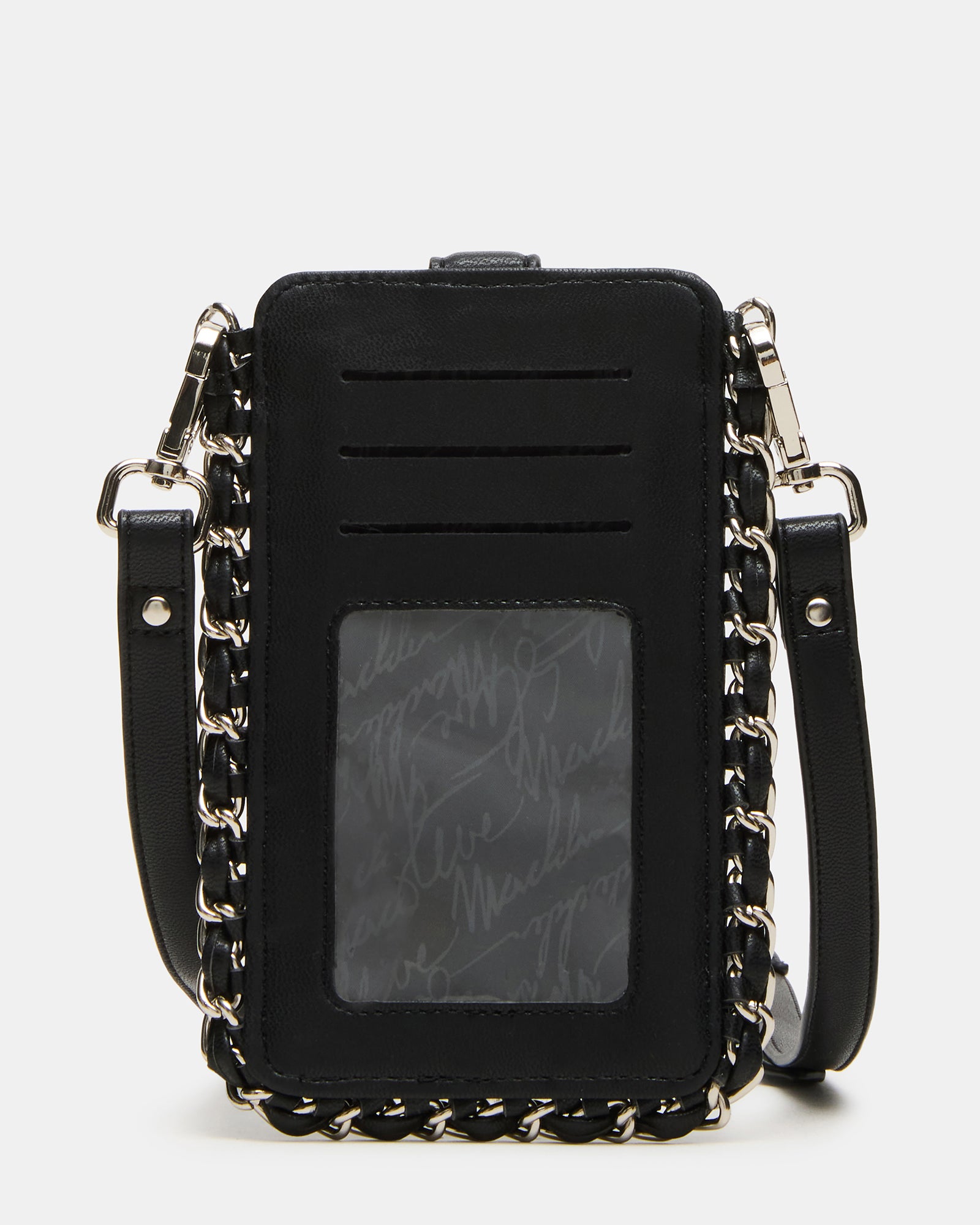 Open view of the phone bag displaying the clear PVC window and card slots.