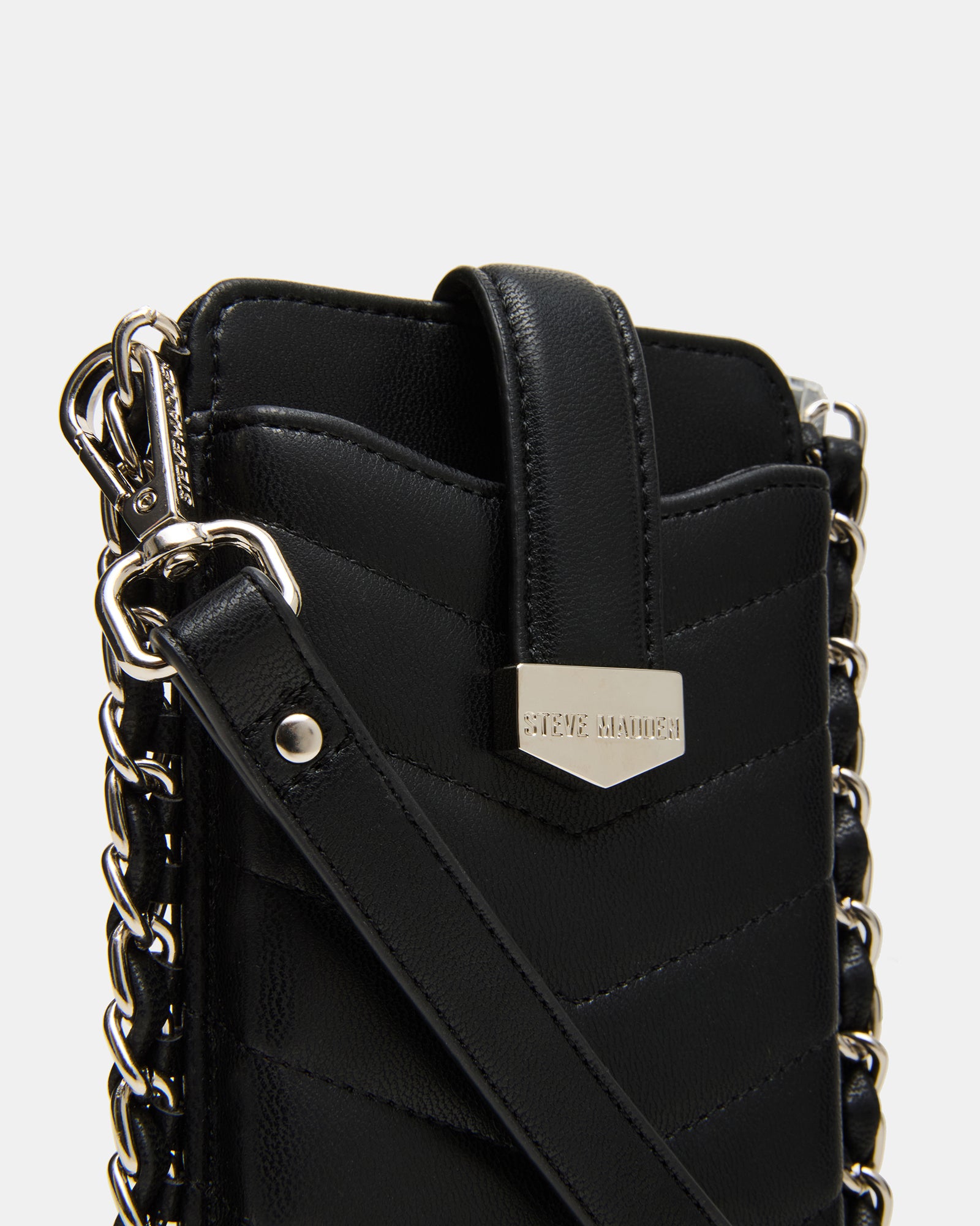 Open view of the phone bag displaying the clear PVC window and card slots.
