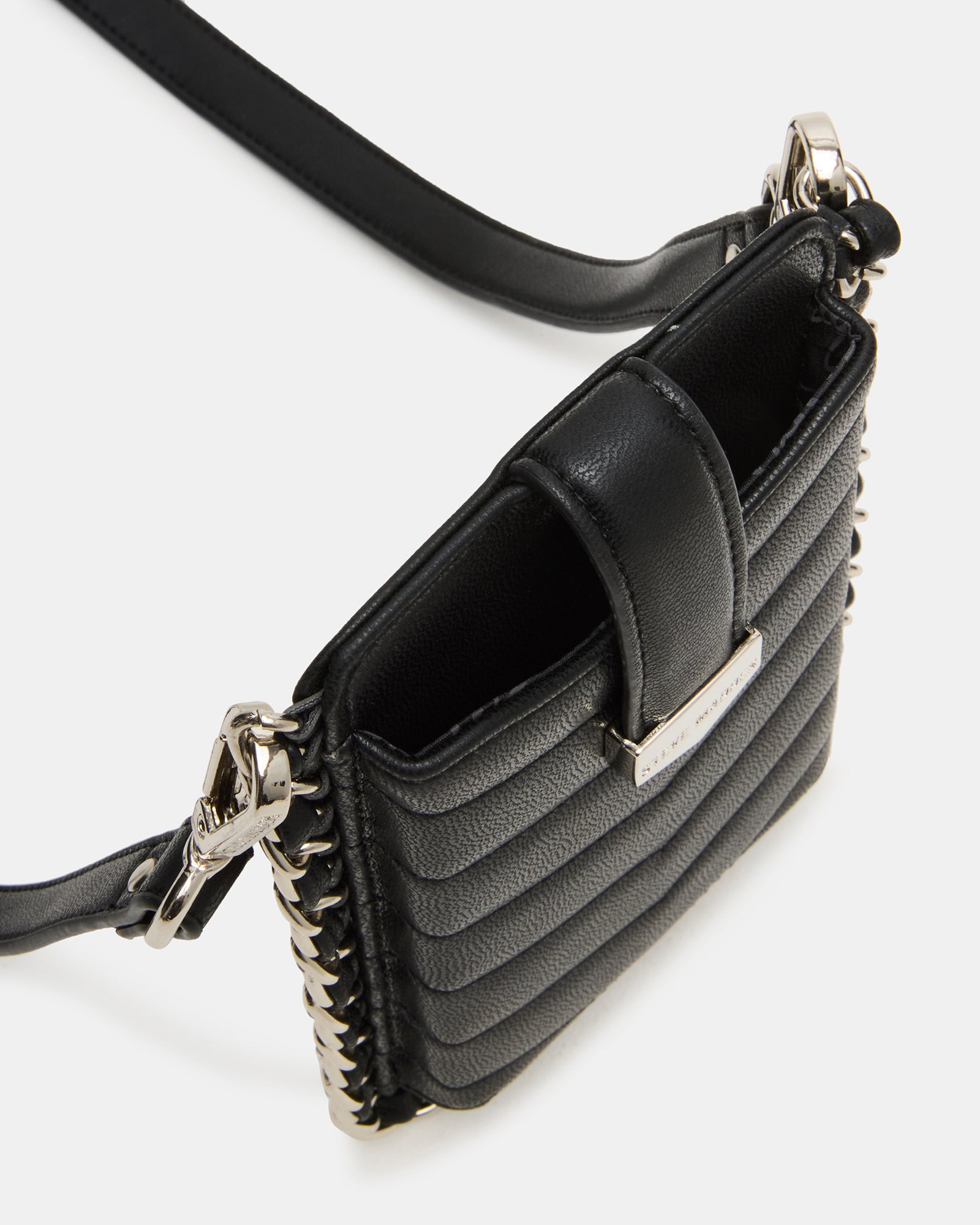 Side angle of the phone bag highlighting the chain detail and adjustable strap.