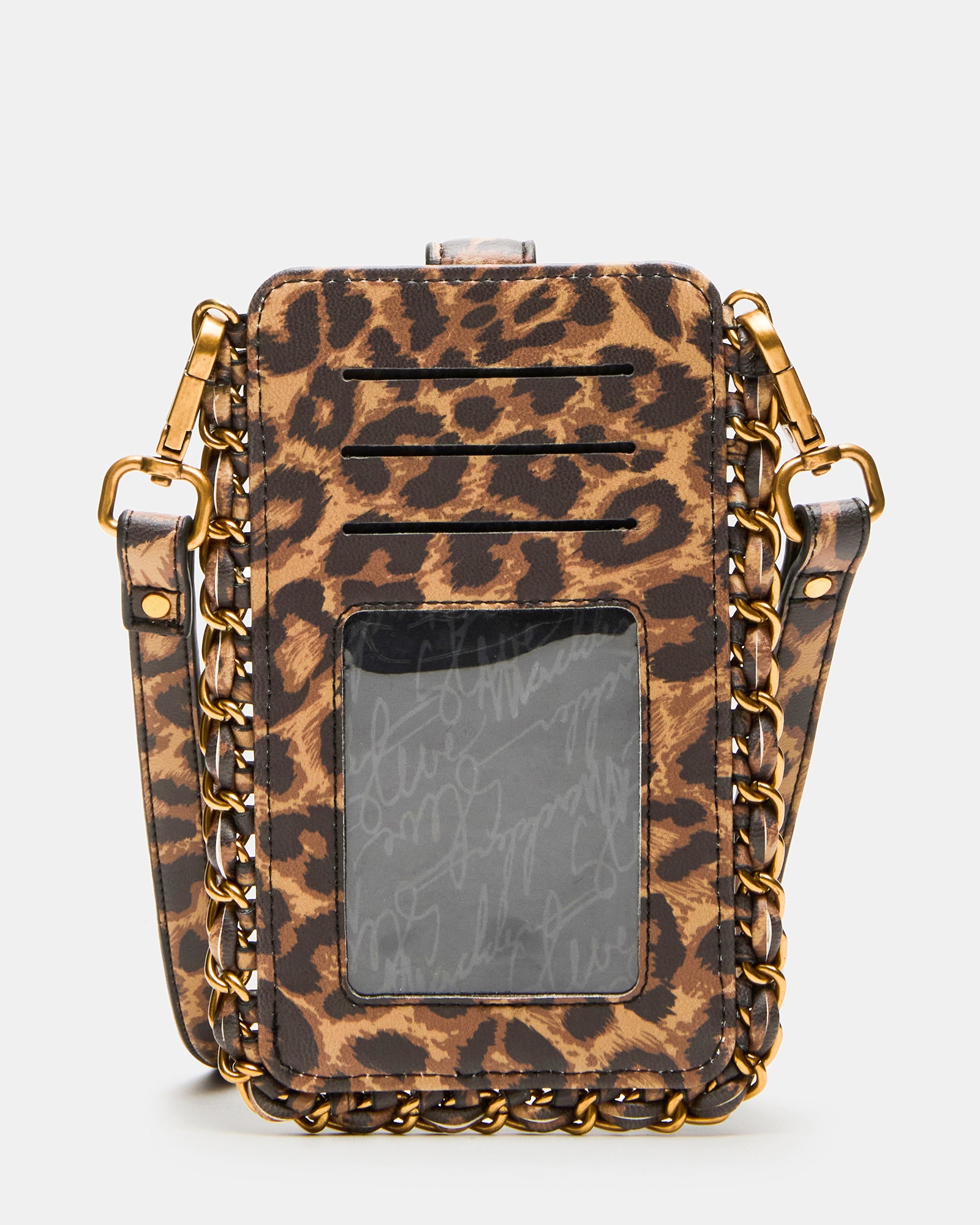 Leopard print phone bag styled with chain trim, perfect for travel.