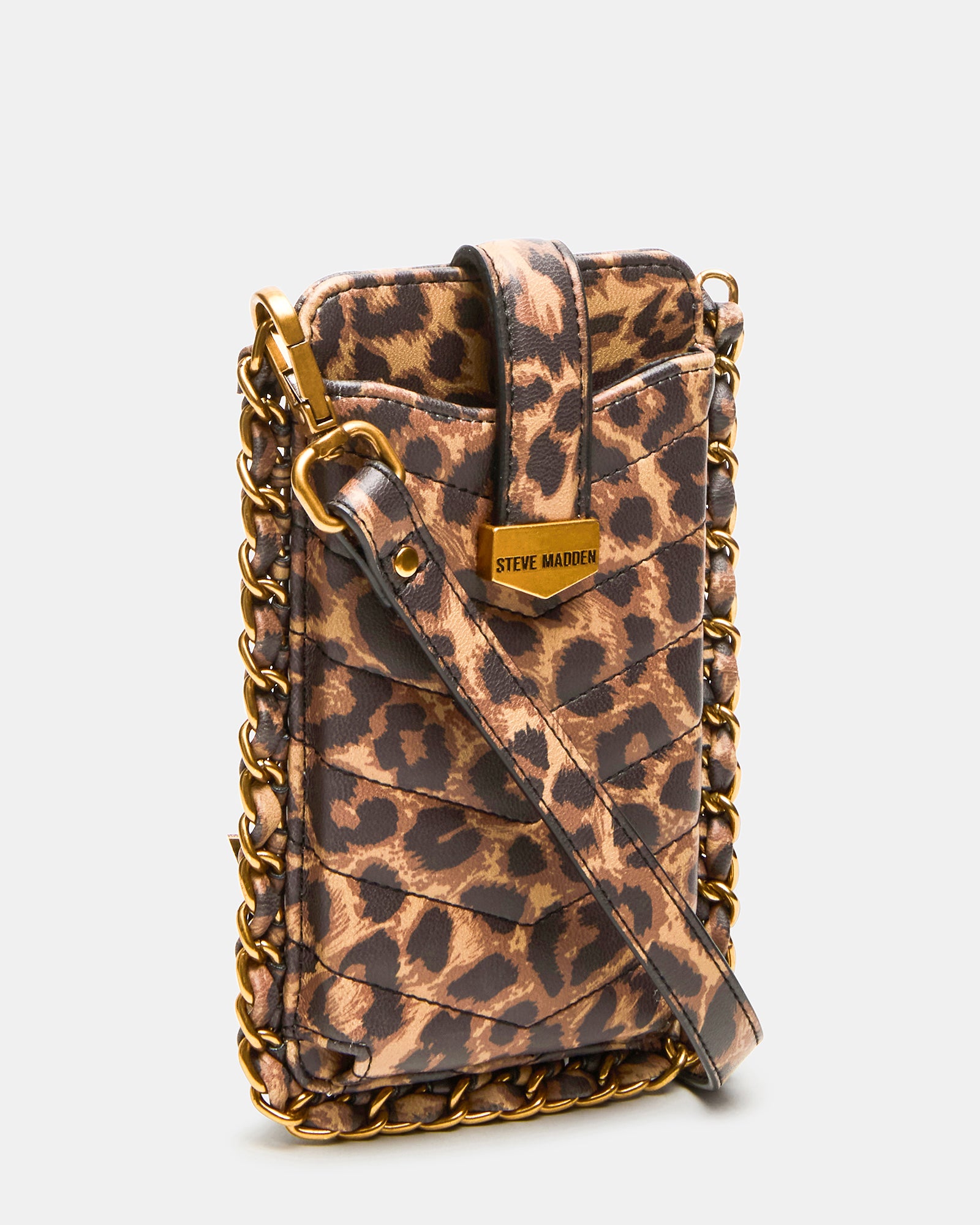 Front view of leopard print crossbody phone bag showing card slots.