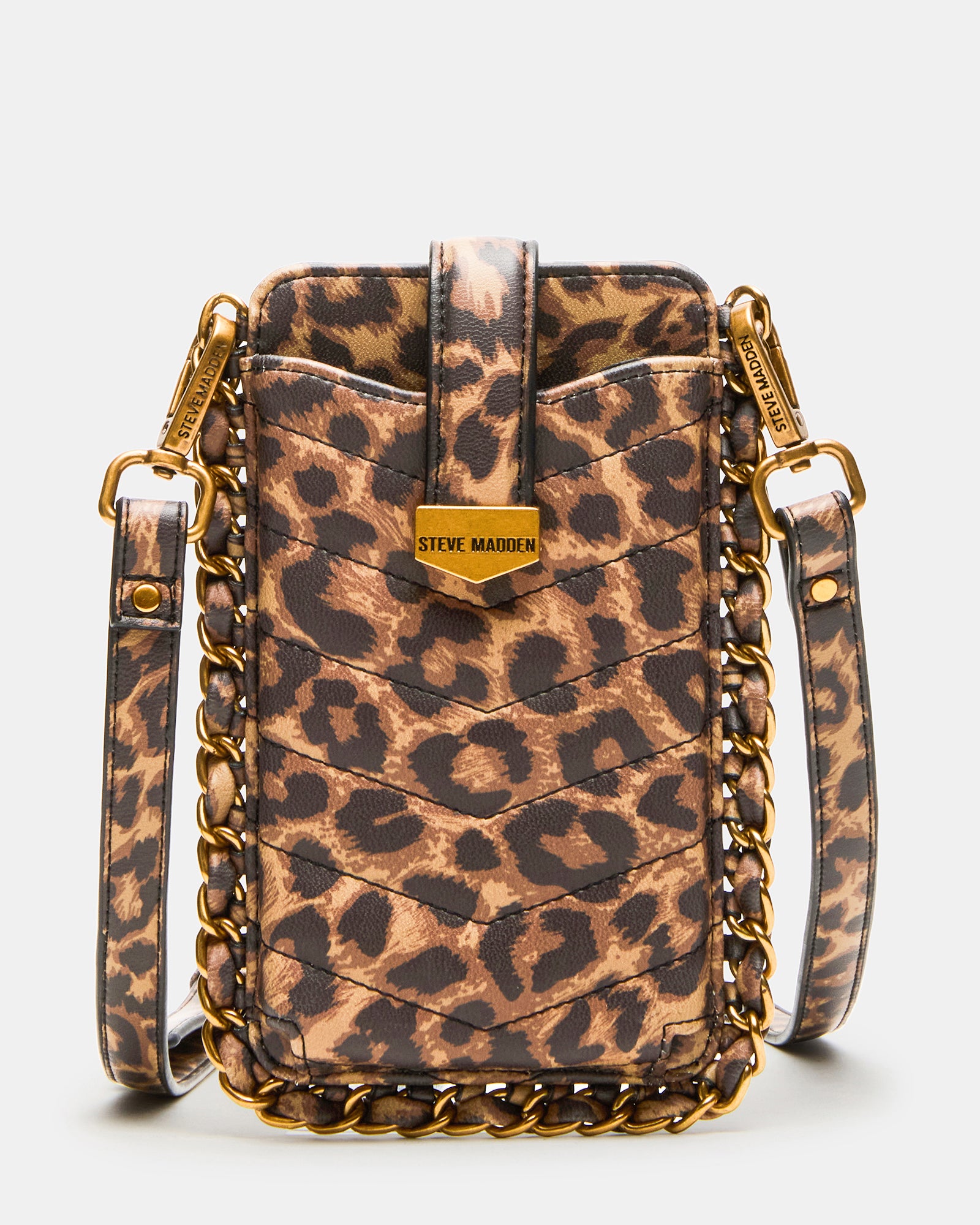 Front view of leopard print crossbody phone bag showing card slots.