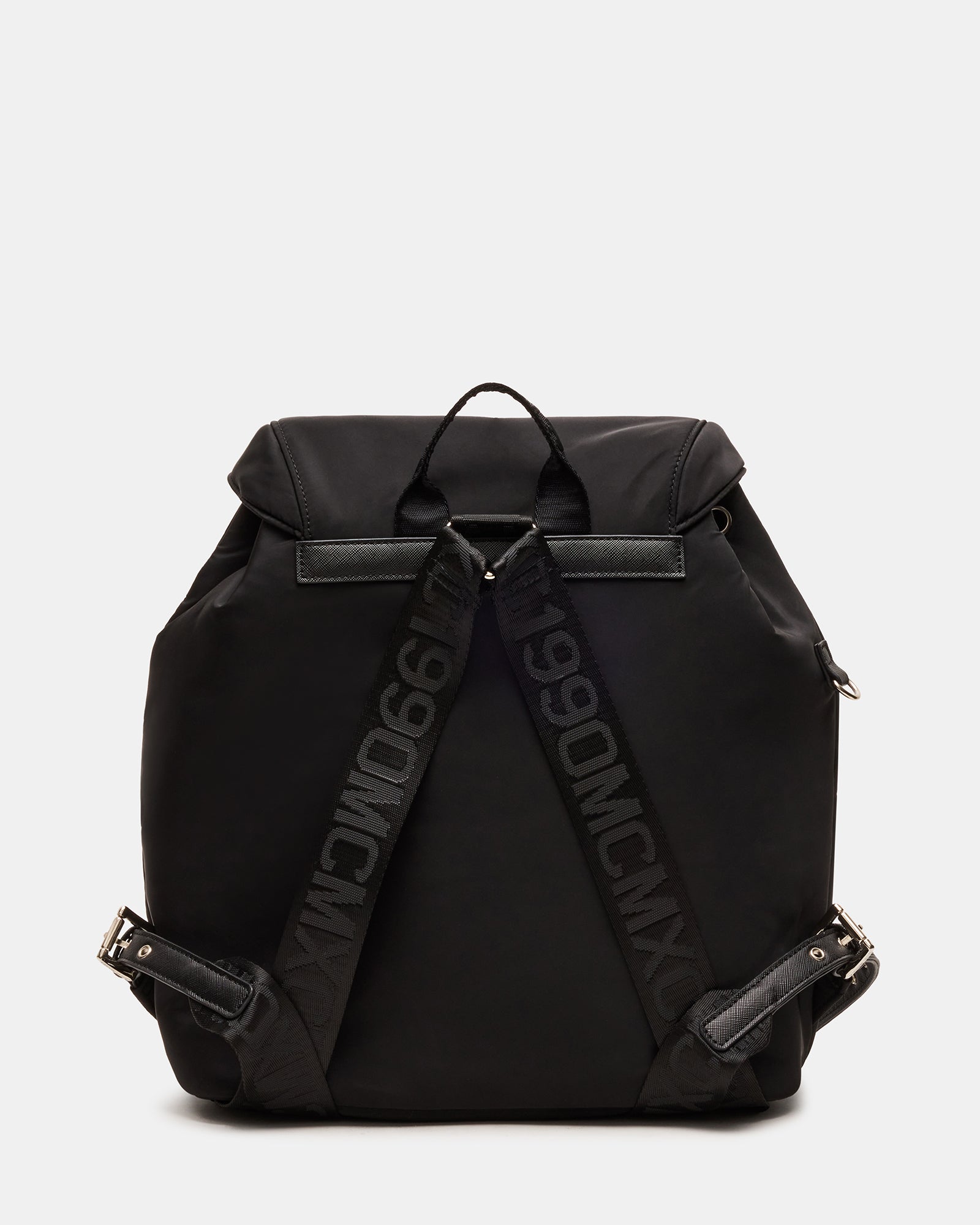Close-up of the drawstring closure and magnetic snap pockets on the backpack.