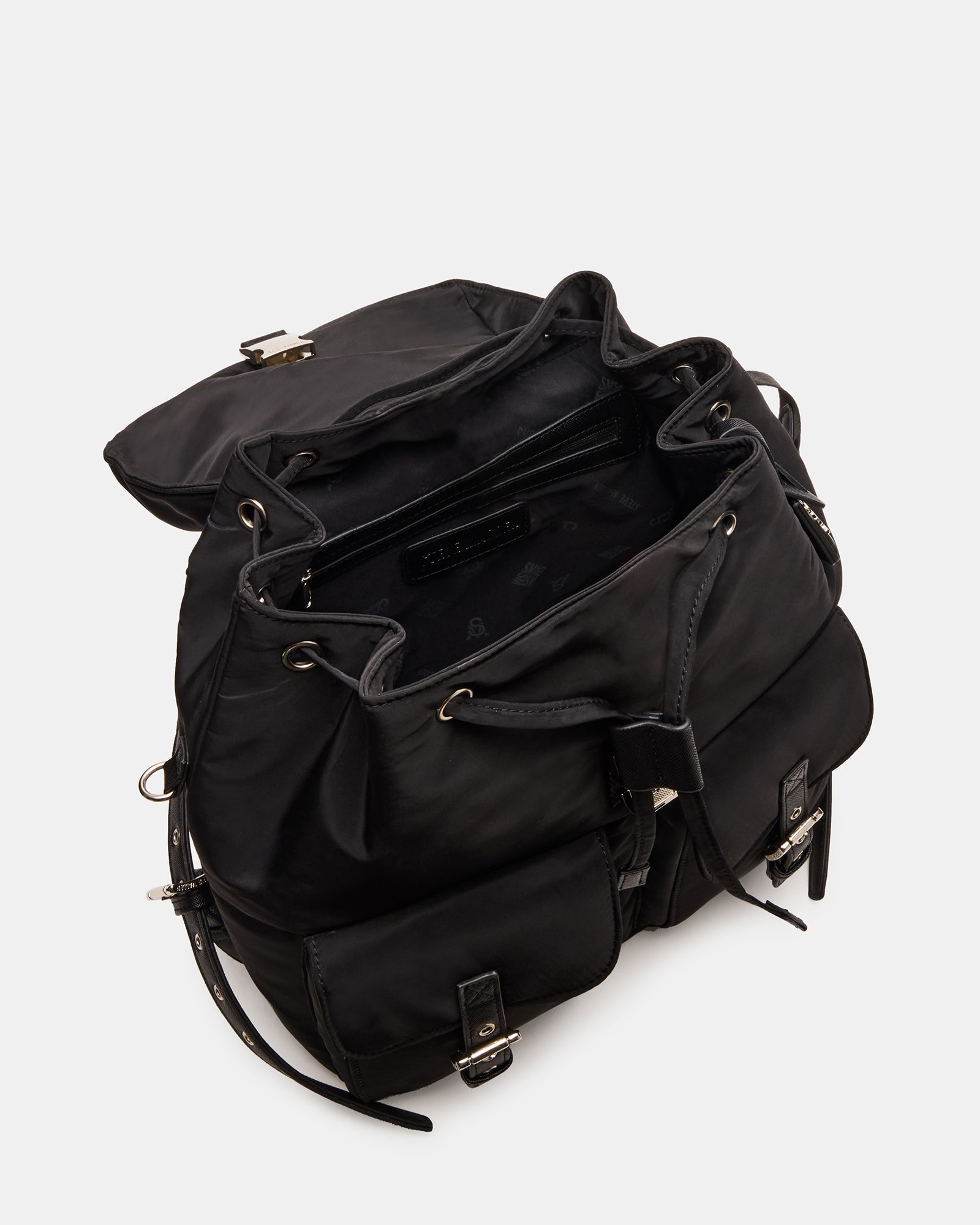 Side view of the nylon tote bag with front pockets and key pouch.