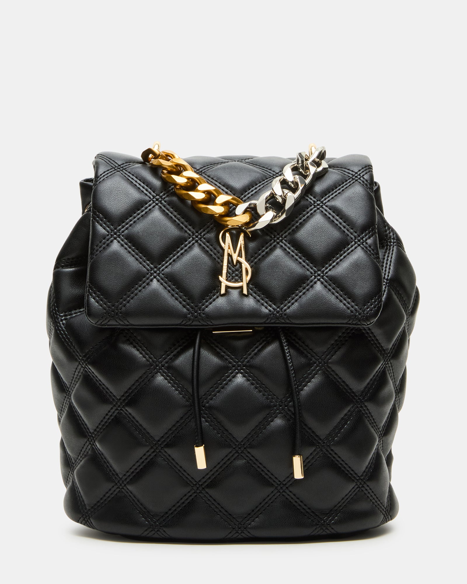 Front view of the Royce quilted bag with logo and chain straps in black and gold
