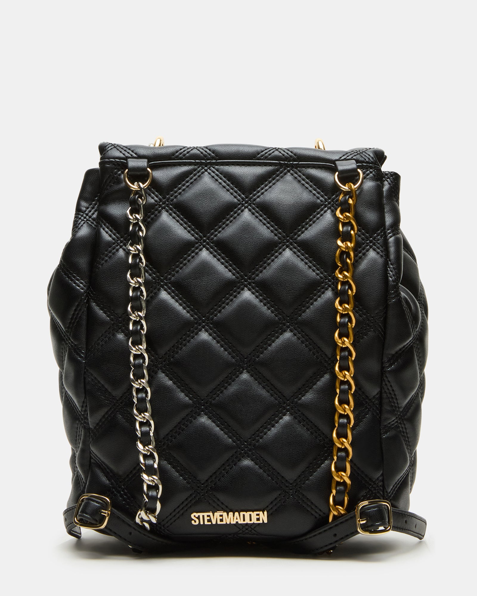 Side angle highlighting quilted texture and adjustable chain straps on the Royce bag