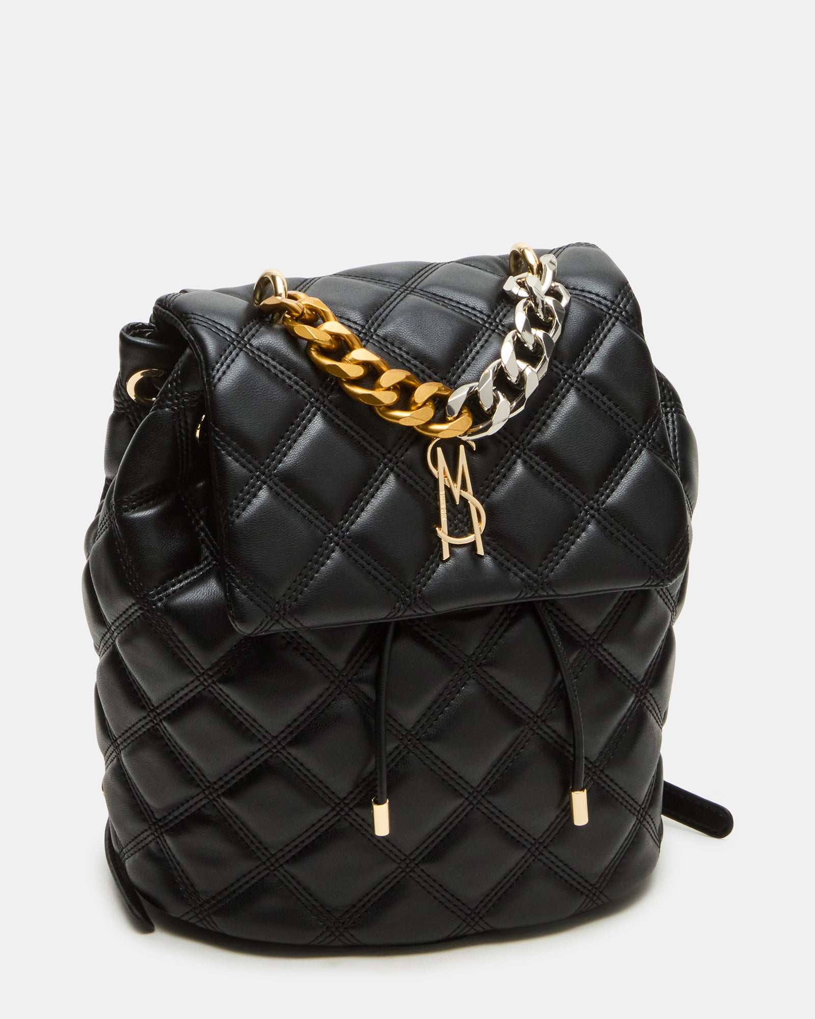 Front view of the Royce quilted bag with logo and chain straps in black and gold
