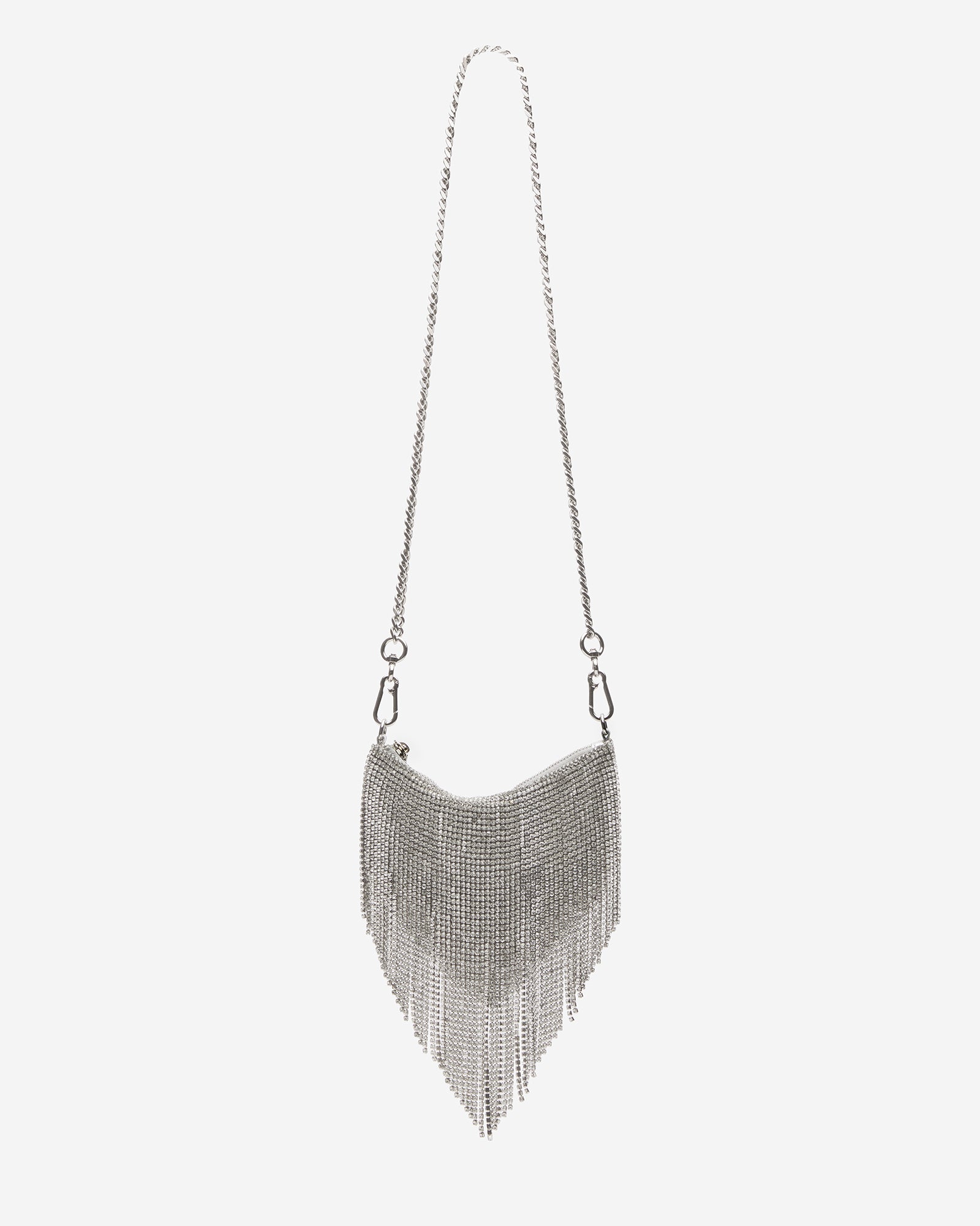 Elegant rhinestone fringe evening bag showcasing its chain strap.