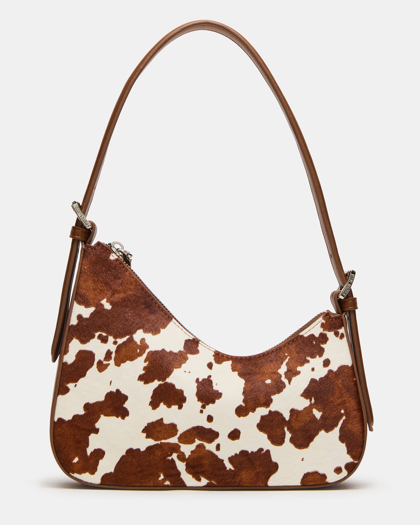 Front view of the Smith leather tote bag with cow print