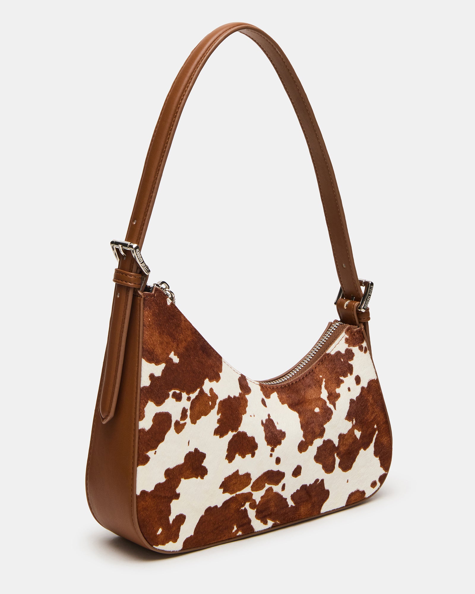 Front view of the Smith leather tote bag with cow print