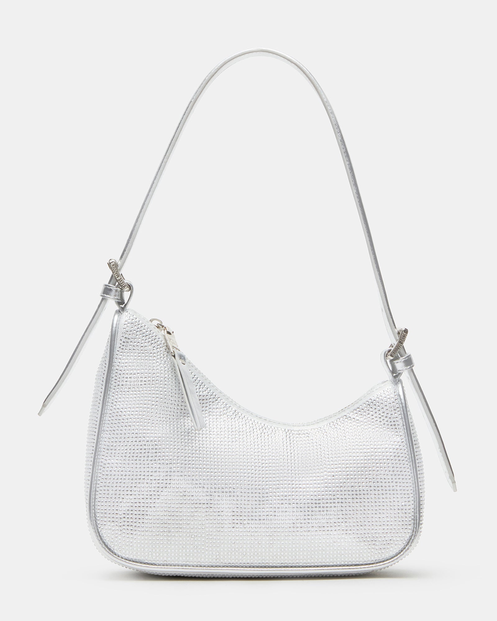 Close-up of the rhinestone detailing on the shoulder bag.