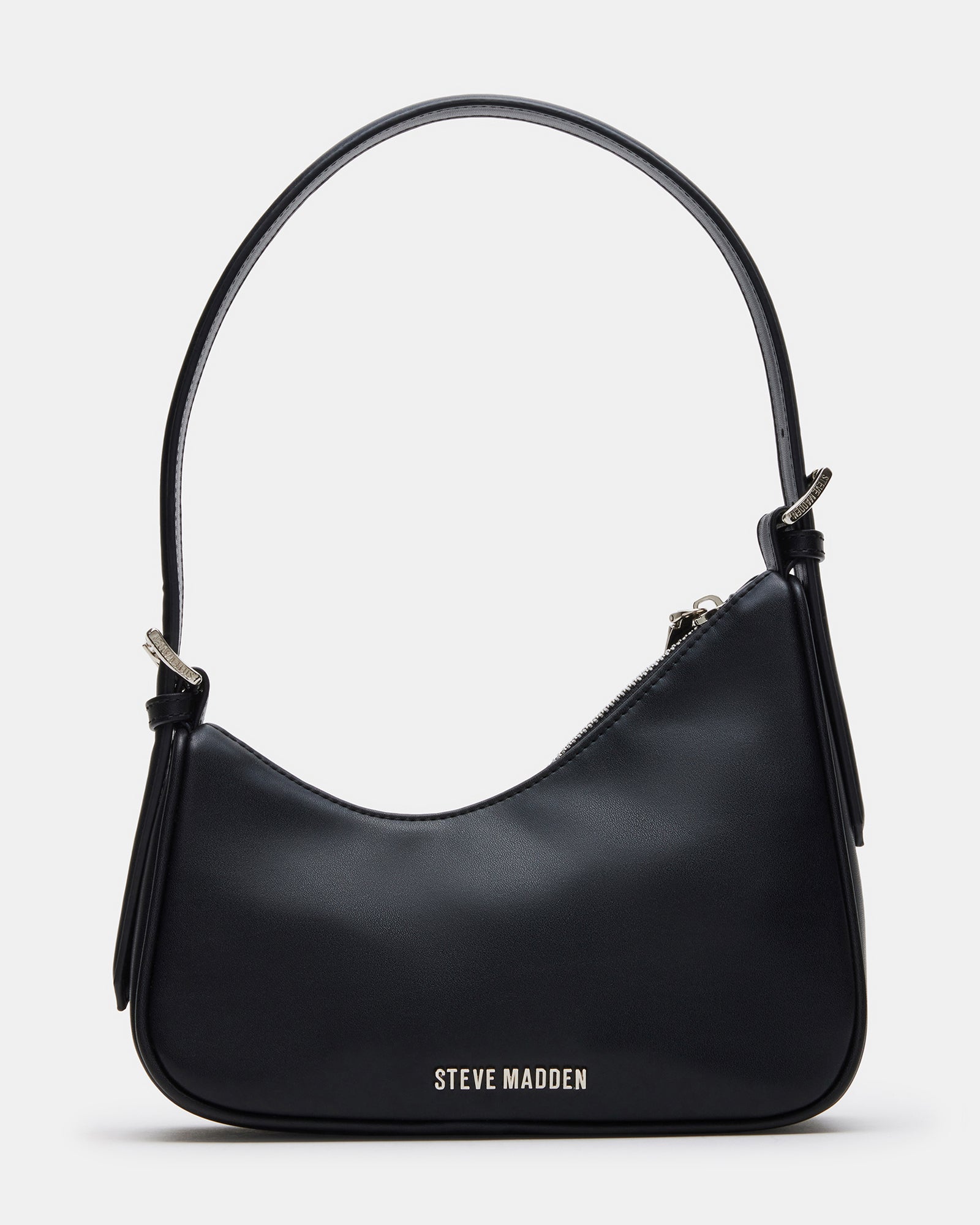 Side angle of the black leather shoulder bag with adjustable strap
