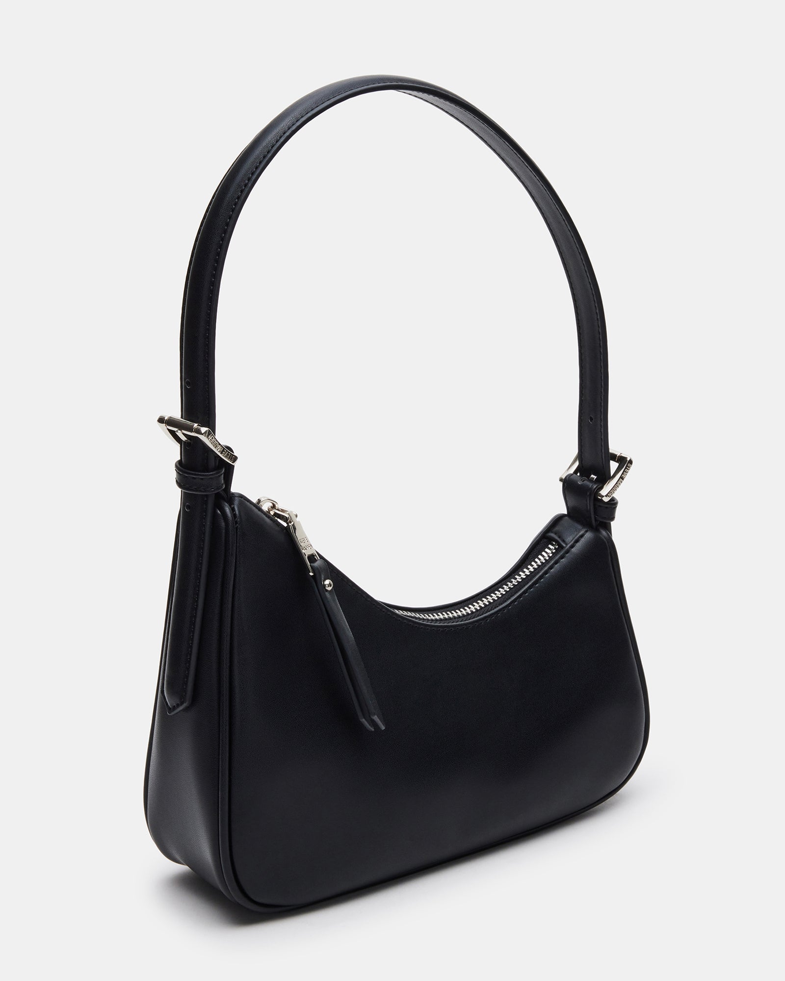 Front view of the black on the shoulder bag highlighting its asymmetrical design