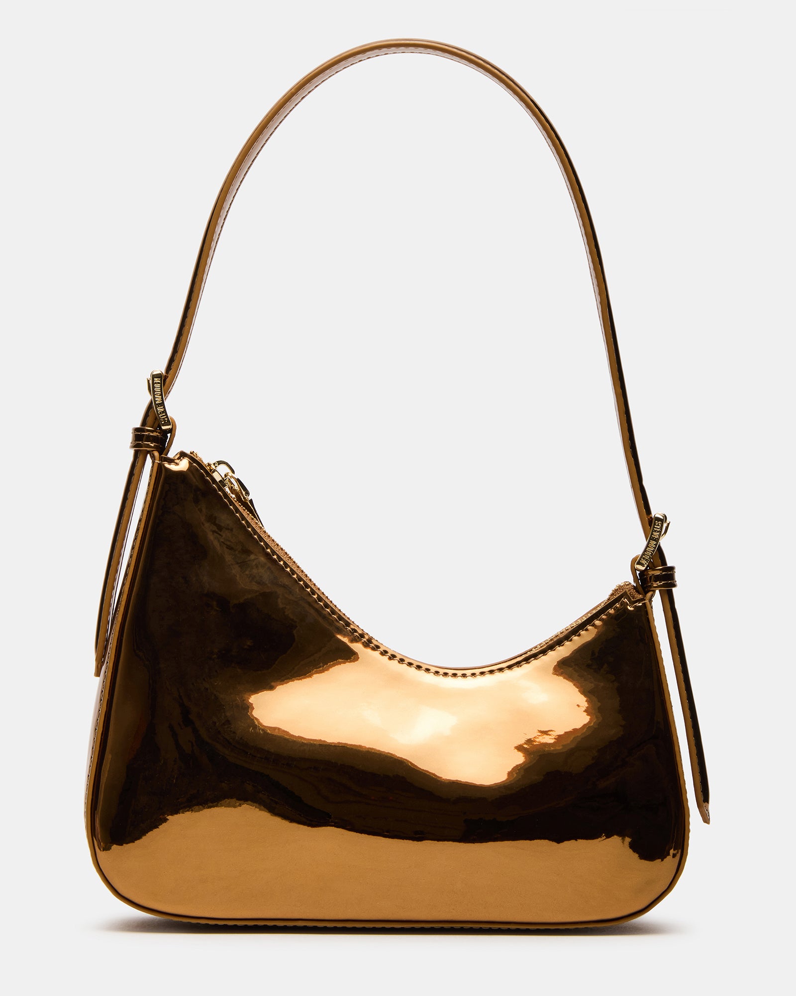Bronze Asymmetrical Shoulder Bag showcasing its unique design and interior organization.