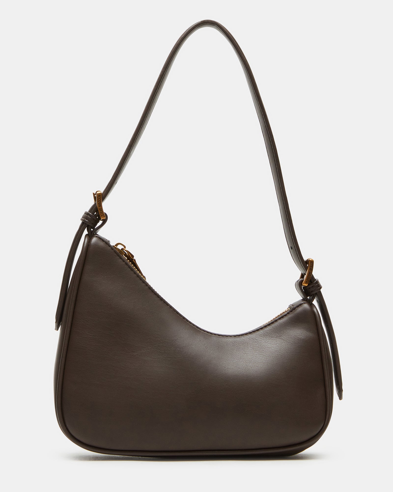 Front view of the brown asymmetrical Coach Teri shoulder bag.