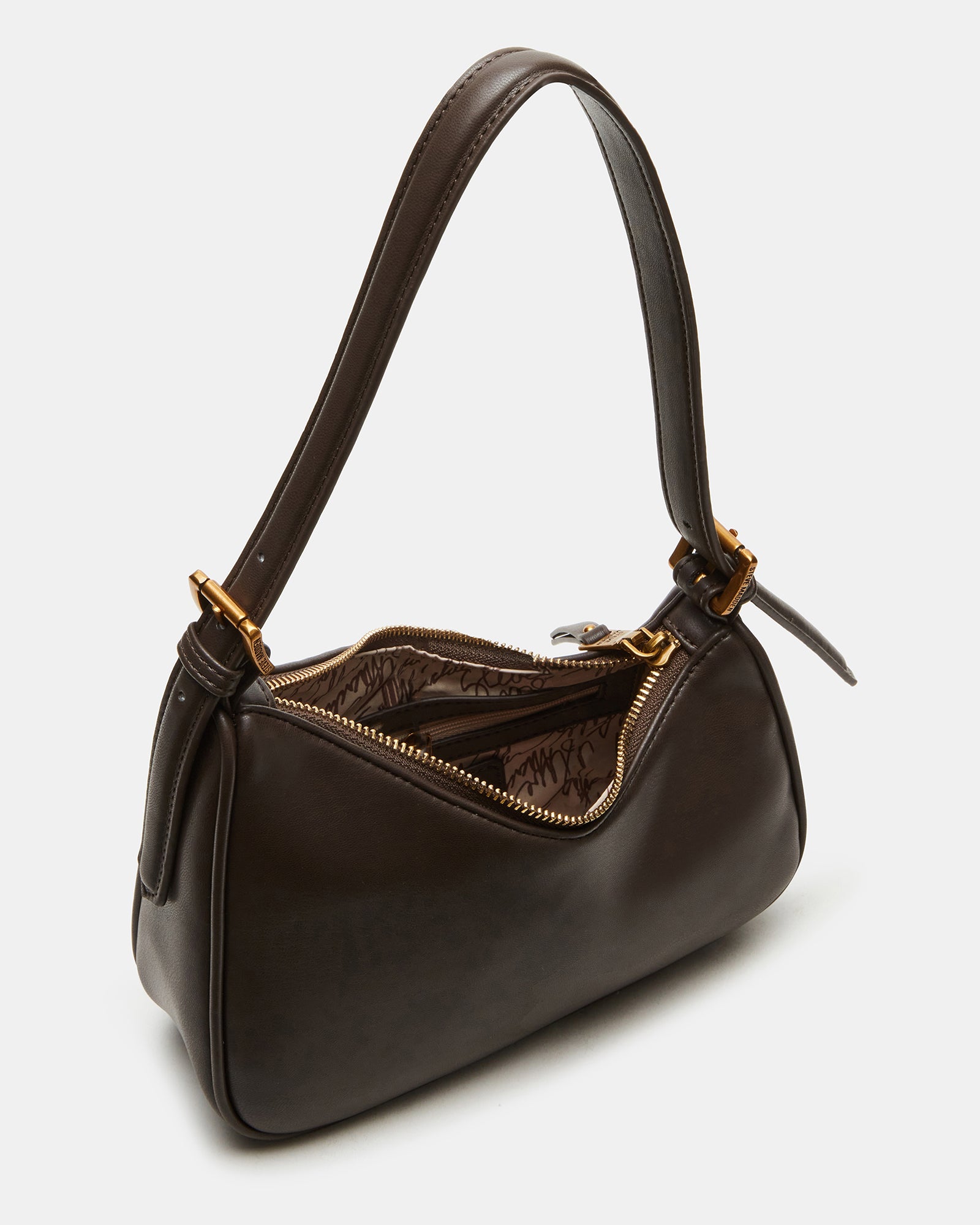 Front view of the brown asymmetrical Coach Teri shoulder bag.