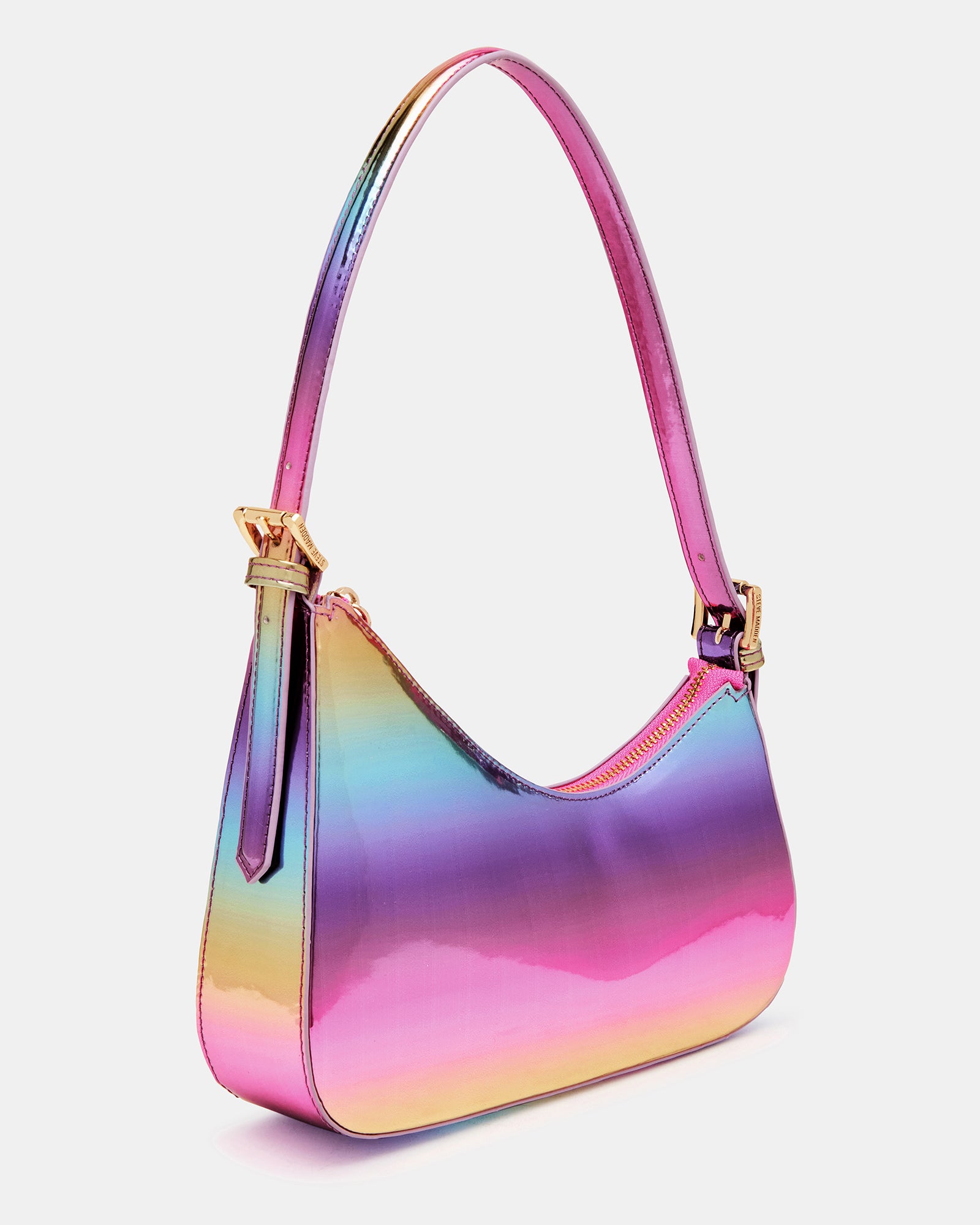 Front angle of the metallic shoulder bag showing asymmetrical top and shimmer finish.