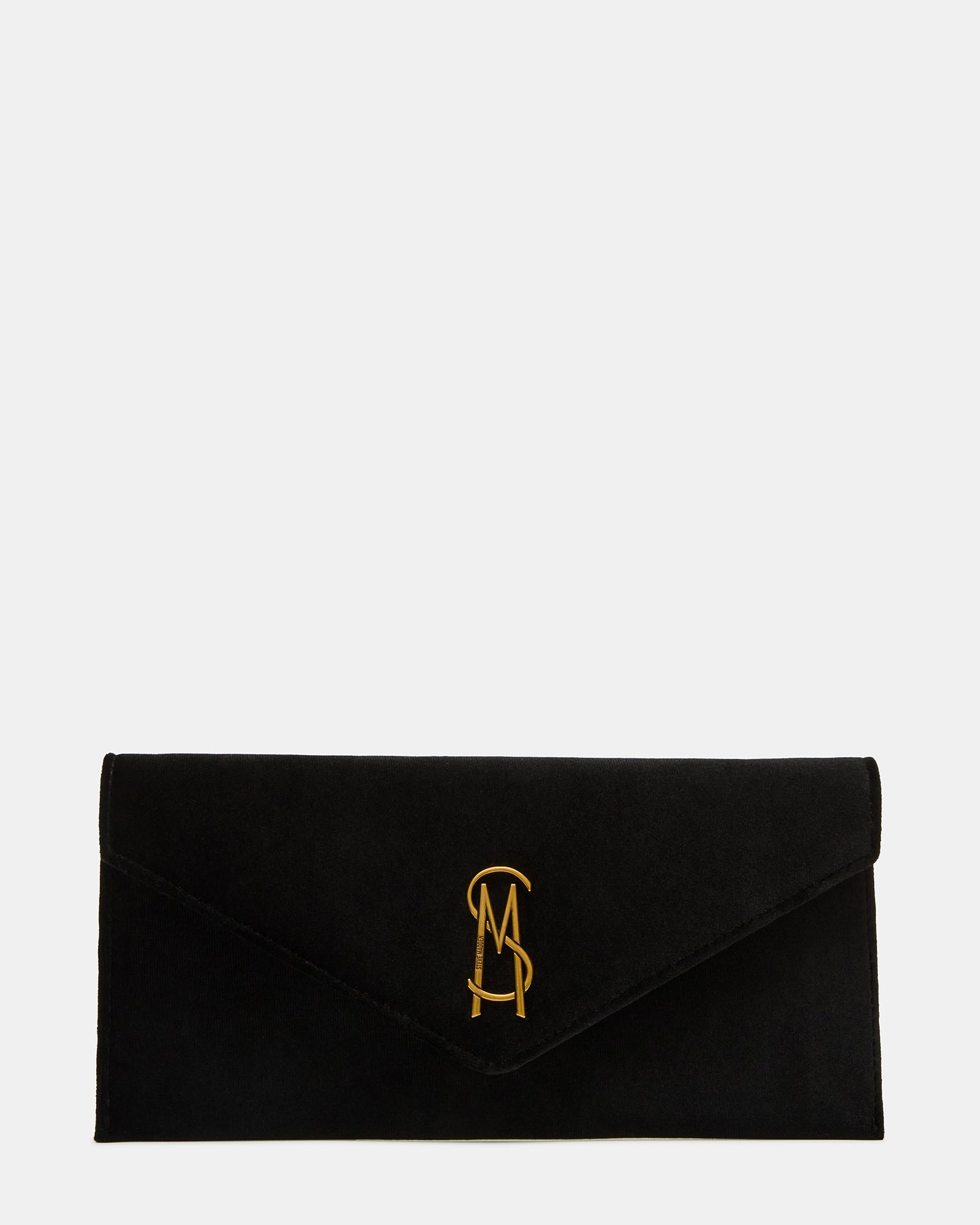 Elegant black velvet envelope clutch bag with gold chain strap