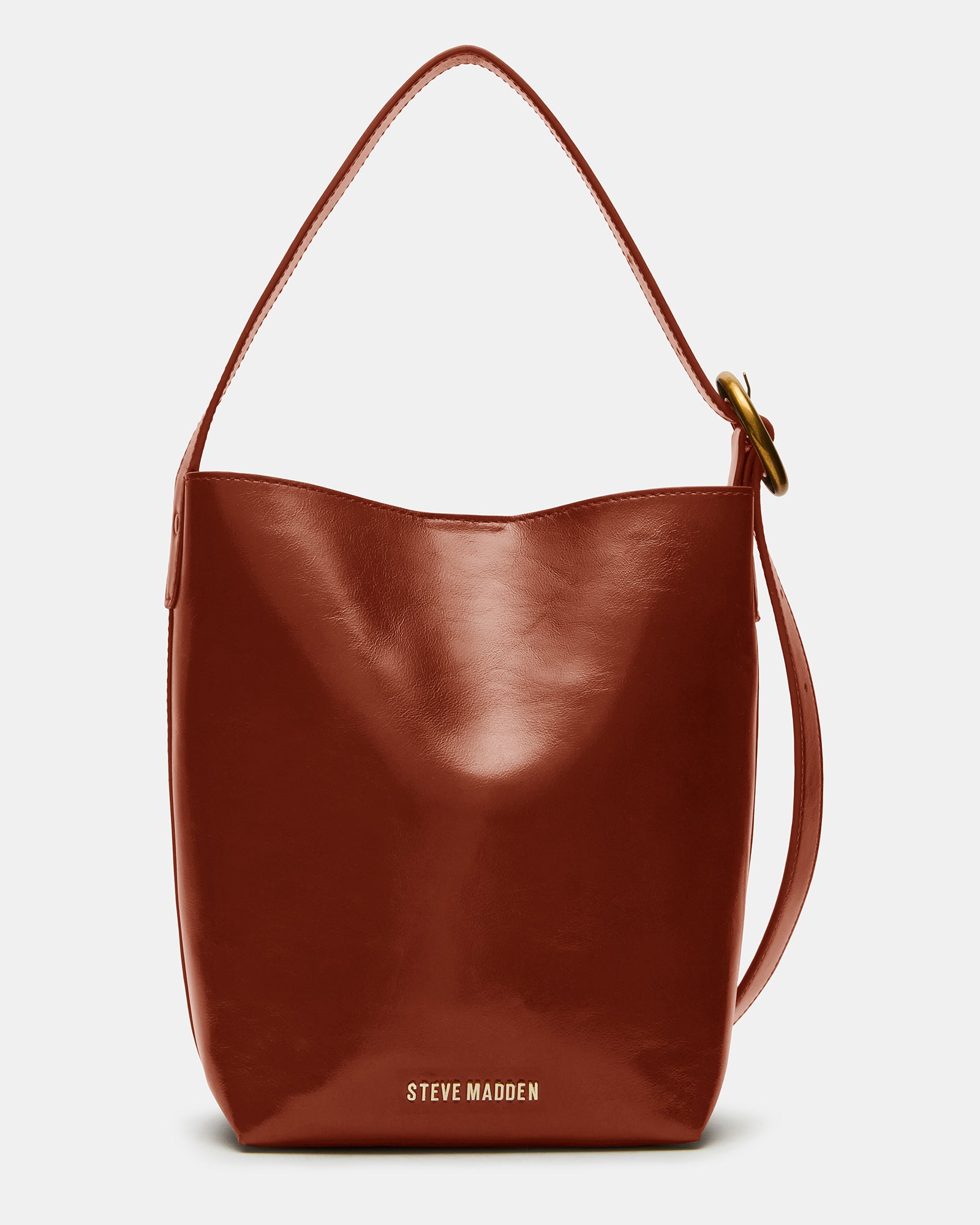 Fashionable womens tote bucket bag in rust leather, perfect for casual outings