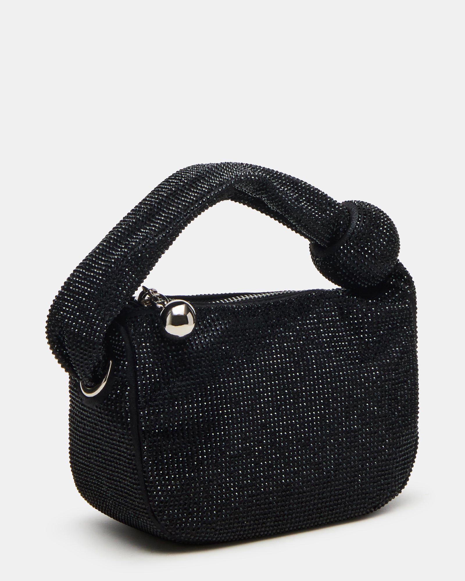 Close-up of the black sparkly evening bag’s crystal detailing
