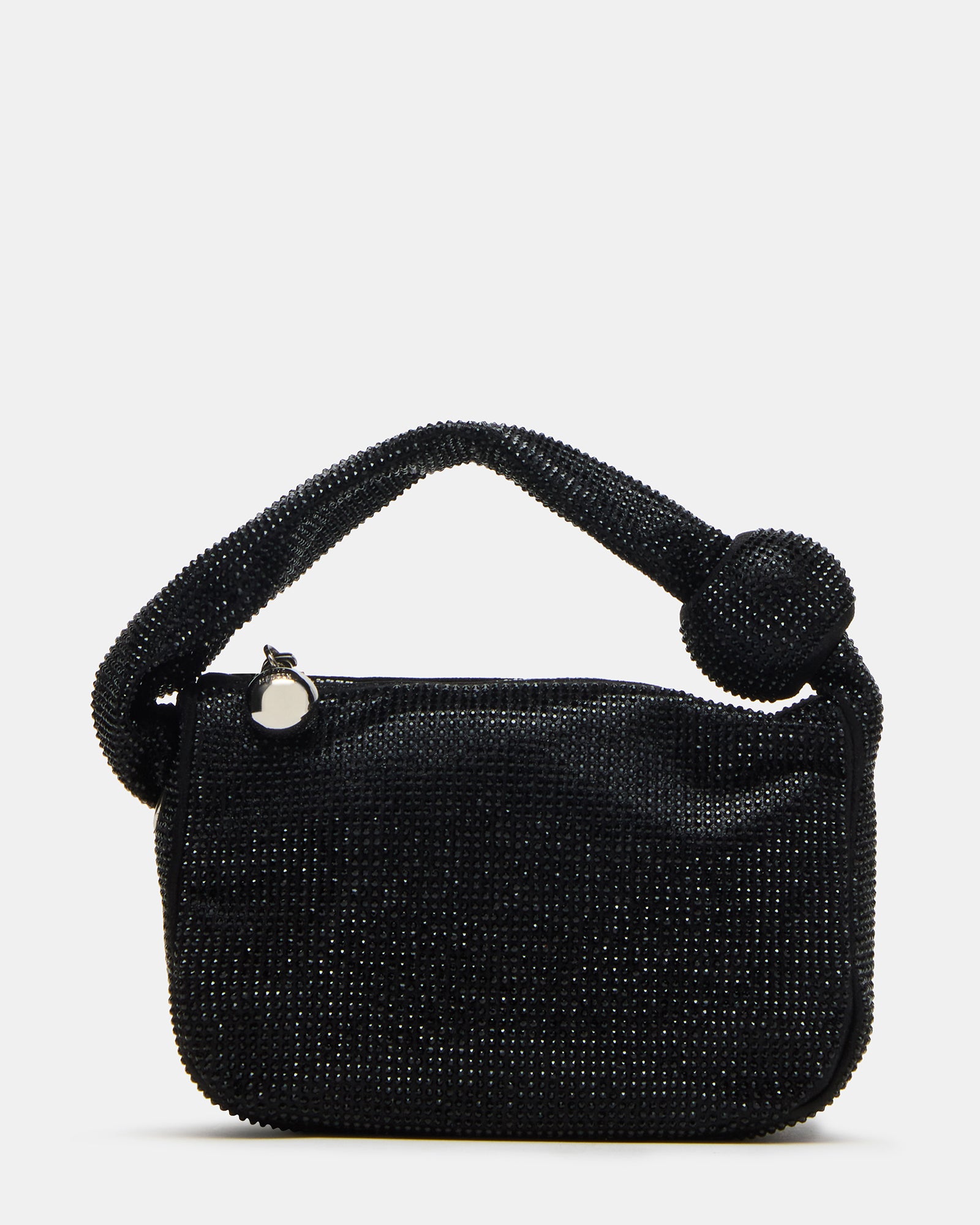 Close-up of the black sparkly evening bag’s crystal detailing