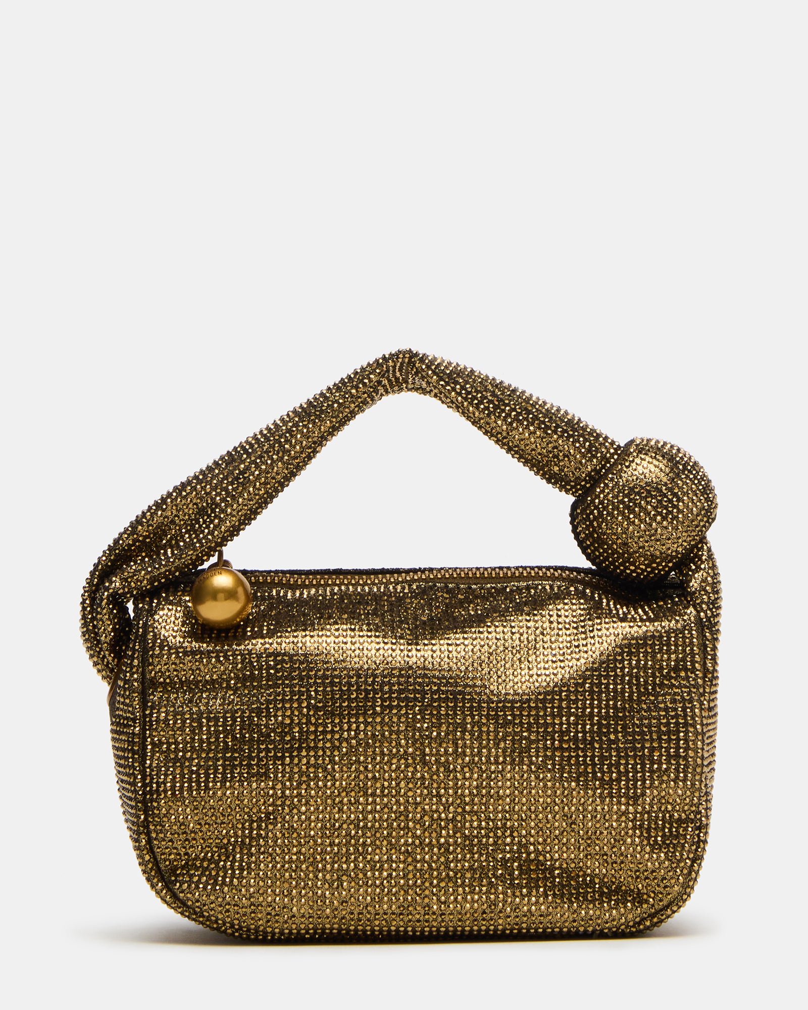 Front view of the glimmering bronze evening bag showcasing its decorative puller.