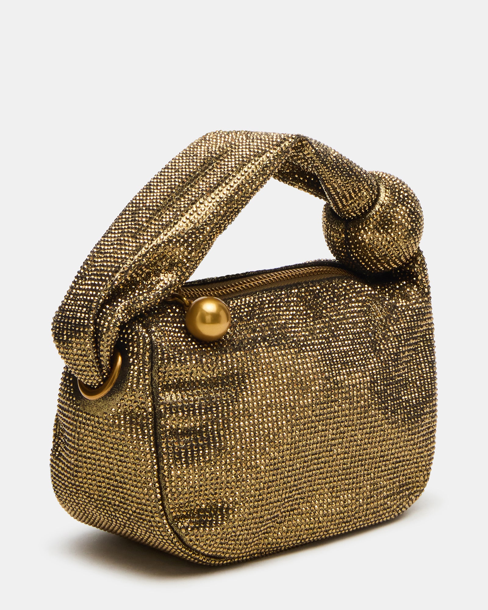 Front view of the glimmering bronze evening bag showcasing its decorative puller.