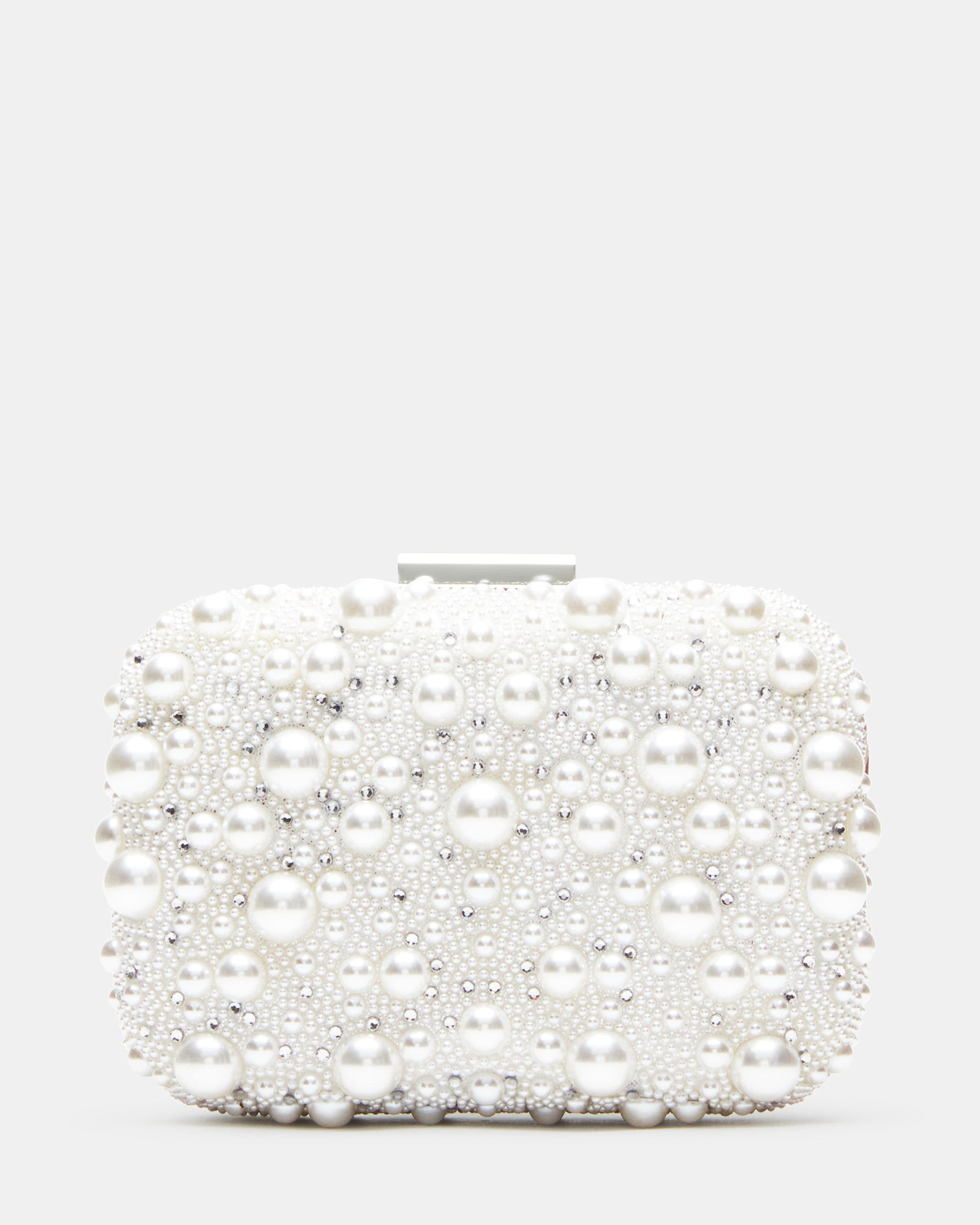 Front view of ivory pearl handbag with chain strap