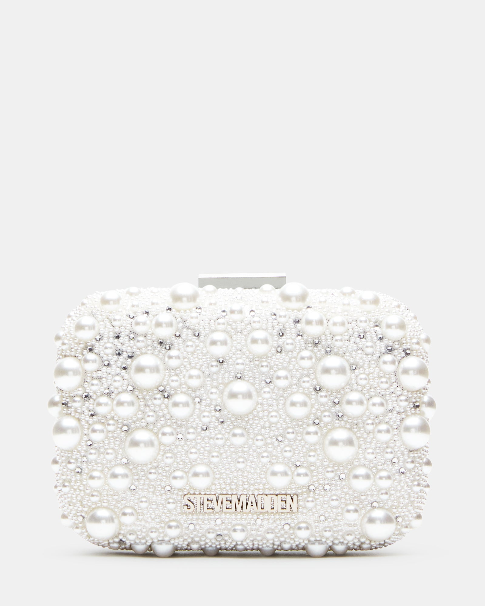 Ivory clutch bag displayed with pearls and rhinestones