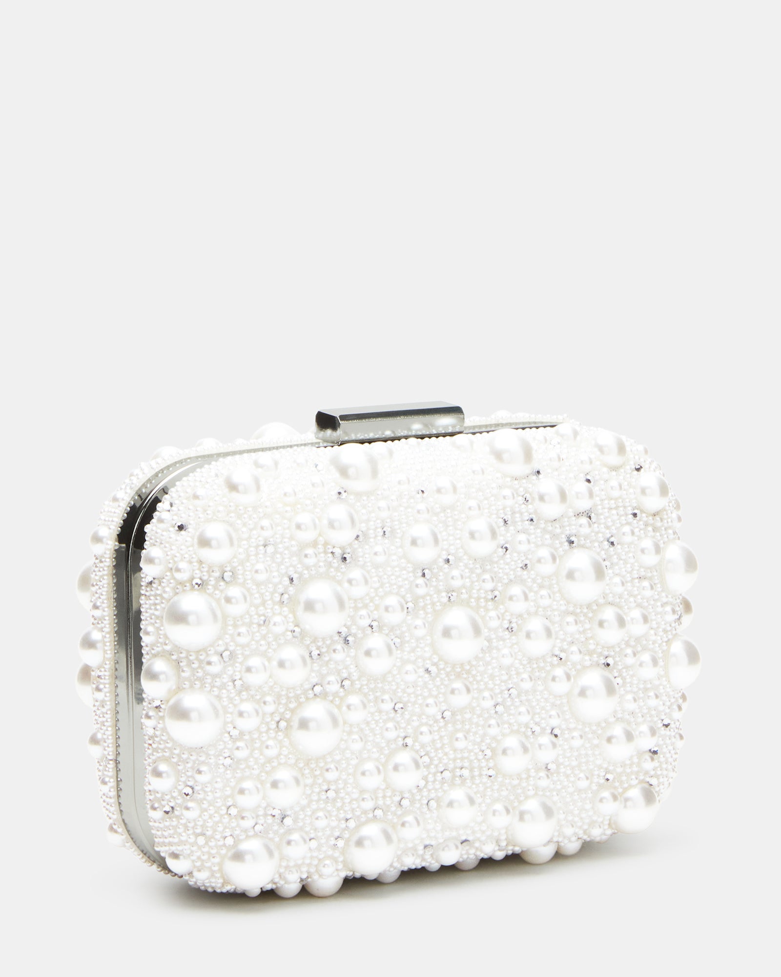 Front view of ivory pearl handbag with chain strap