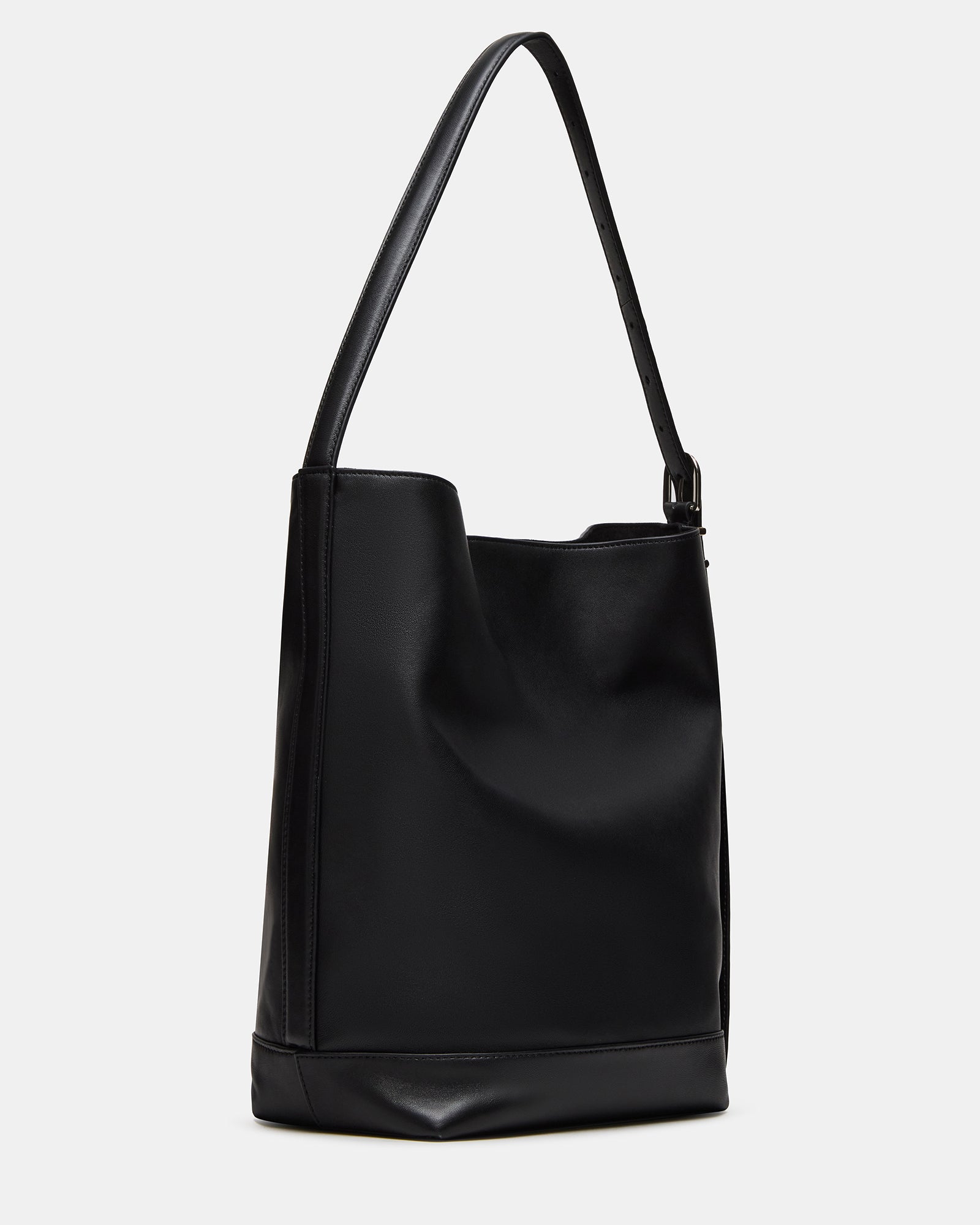 Front view of black leather crossbody bag with hardware accents