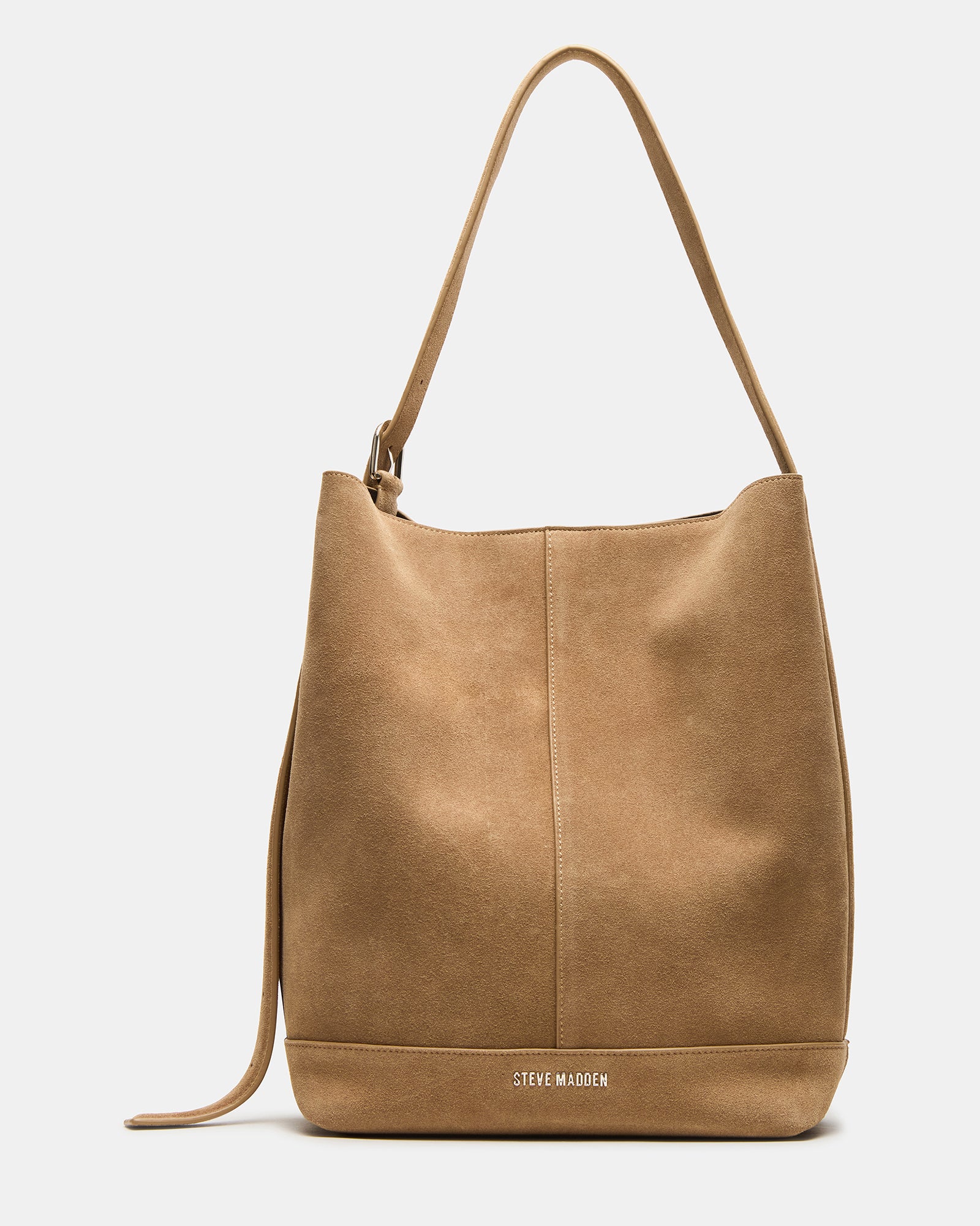 Close-up of two-tone hardware on taupe crossbody bag bags
