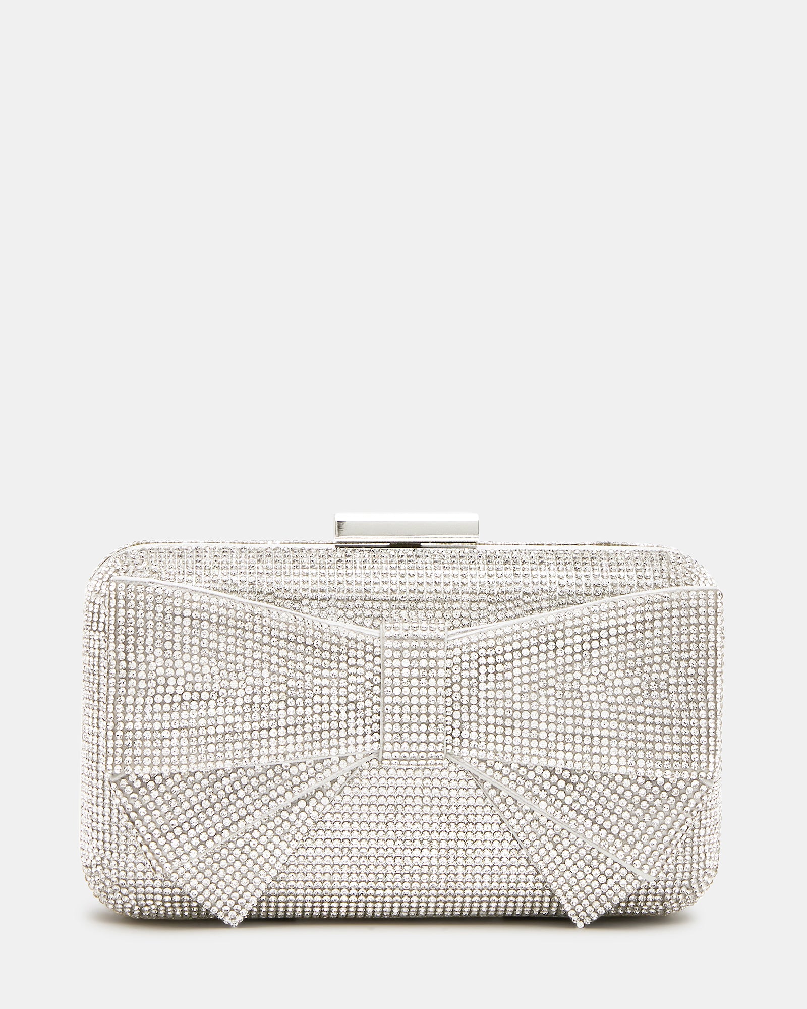 Front view of the sparkly clutch bag with bow detail, showcasing rhinestone embellishments