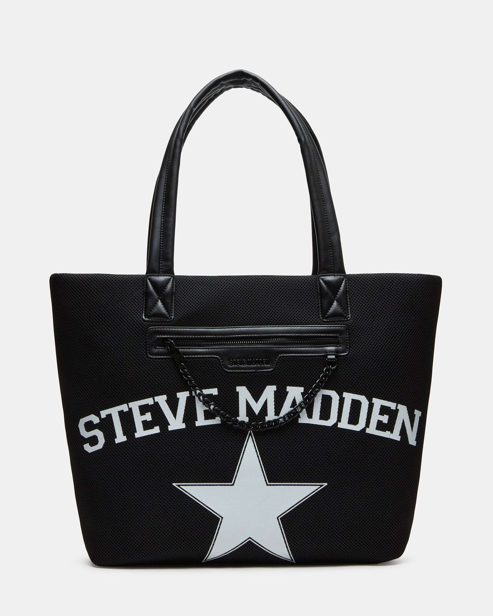 Front angle showing star decal and coach black shoulder bag's signature chain detail.