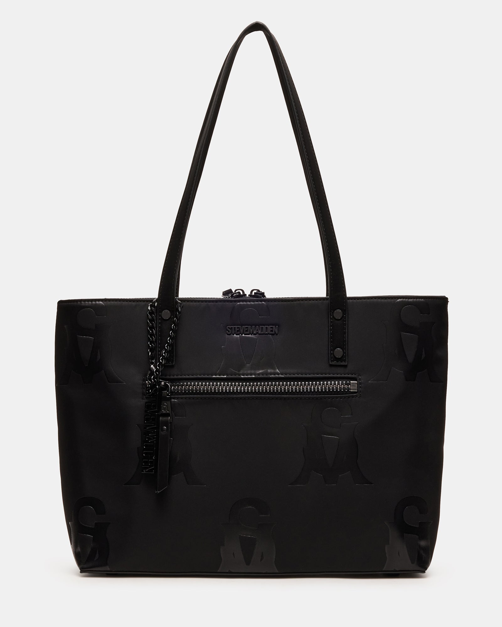 Front view of black shoulder bag with top zipper and logo charm, styled for city commute