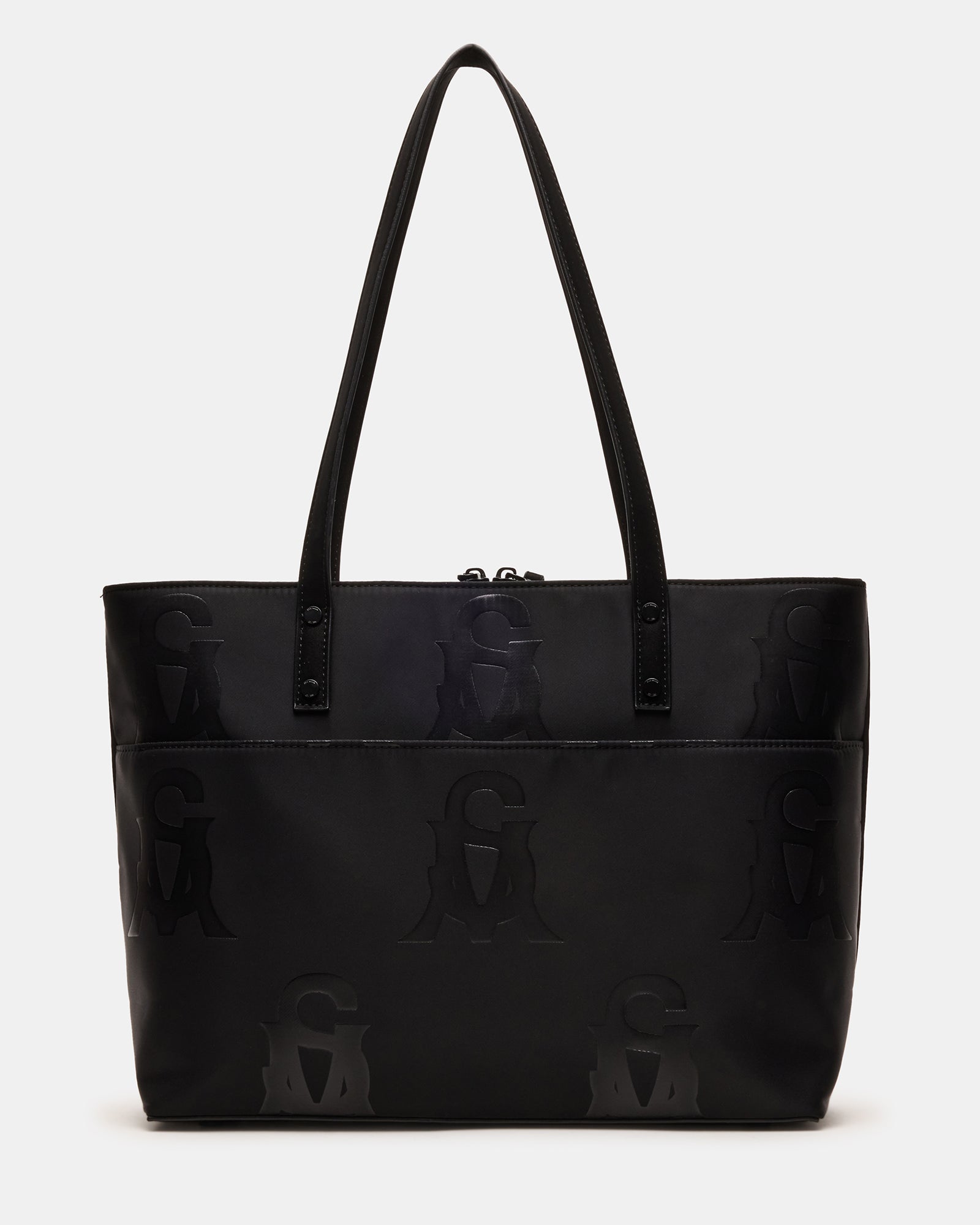 Backside slip pocket of black shoulder messenger bag shown with open access