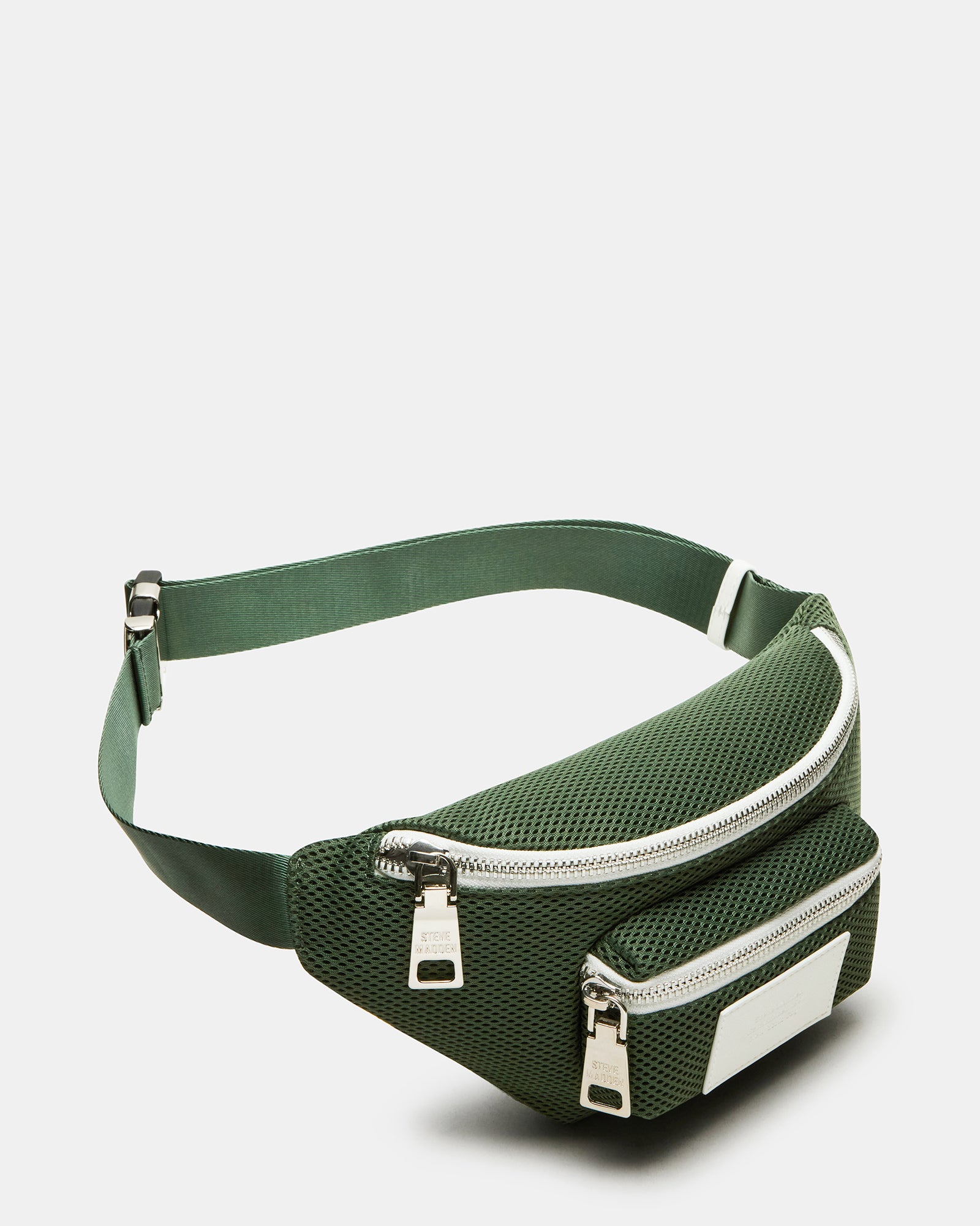 Front view of the belt bag showing oversized zipper and foil logo patch