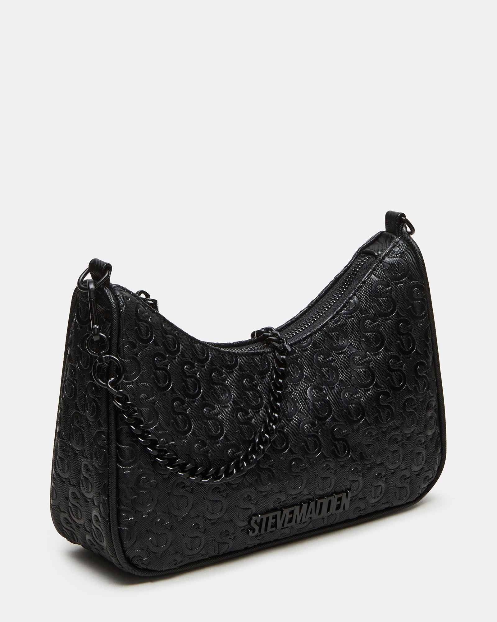 Front view of the Vice Bag black leather crossbody with logo embossing