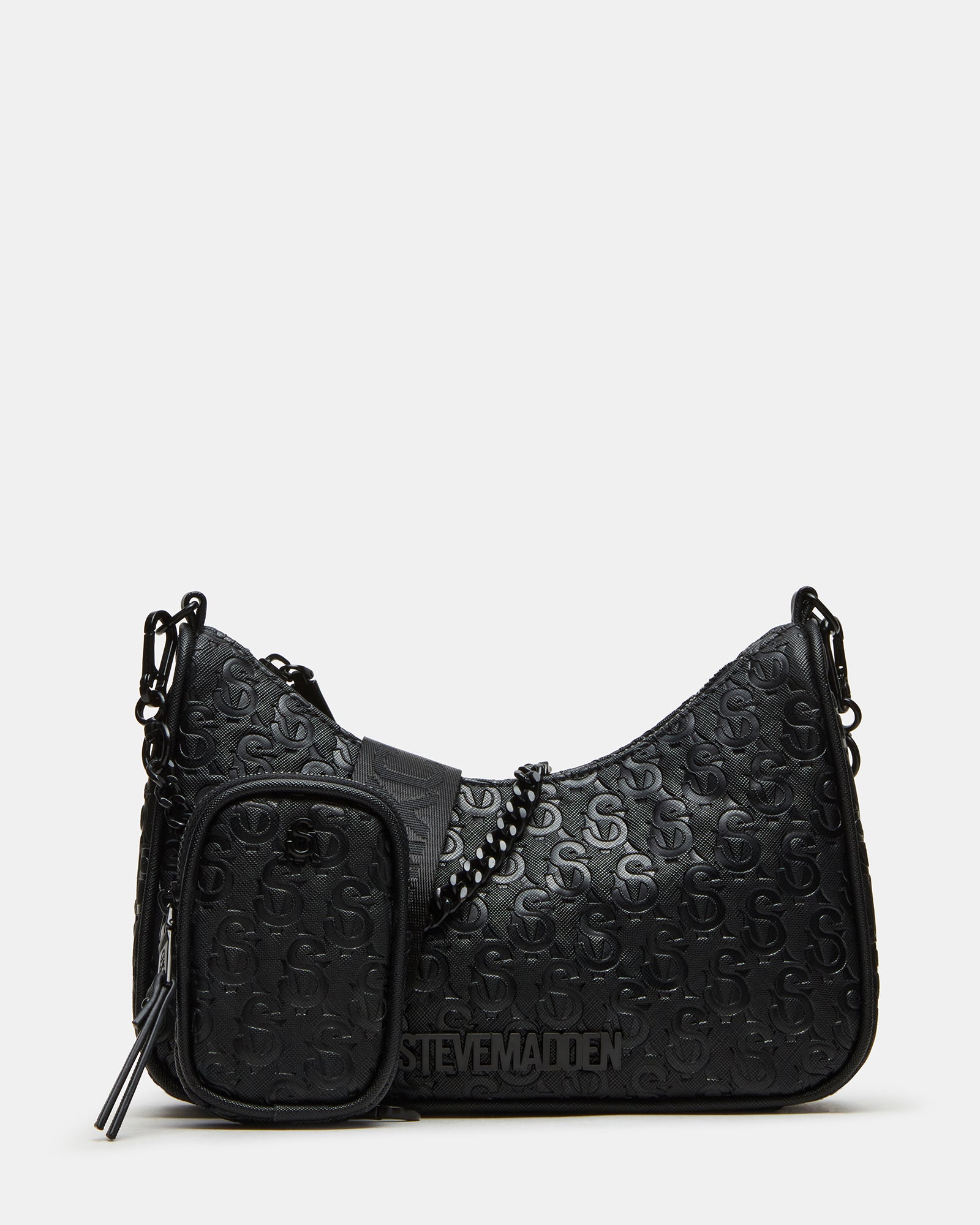 Front view of the Vice Bag black leather crossbody with logo embossing