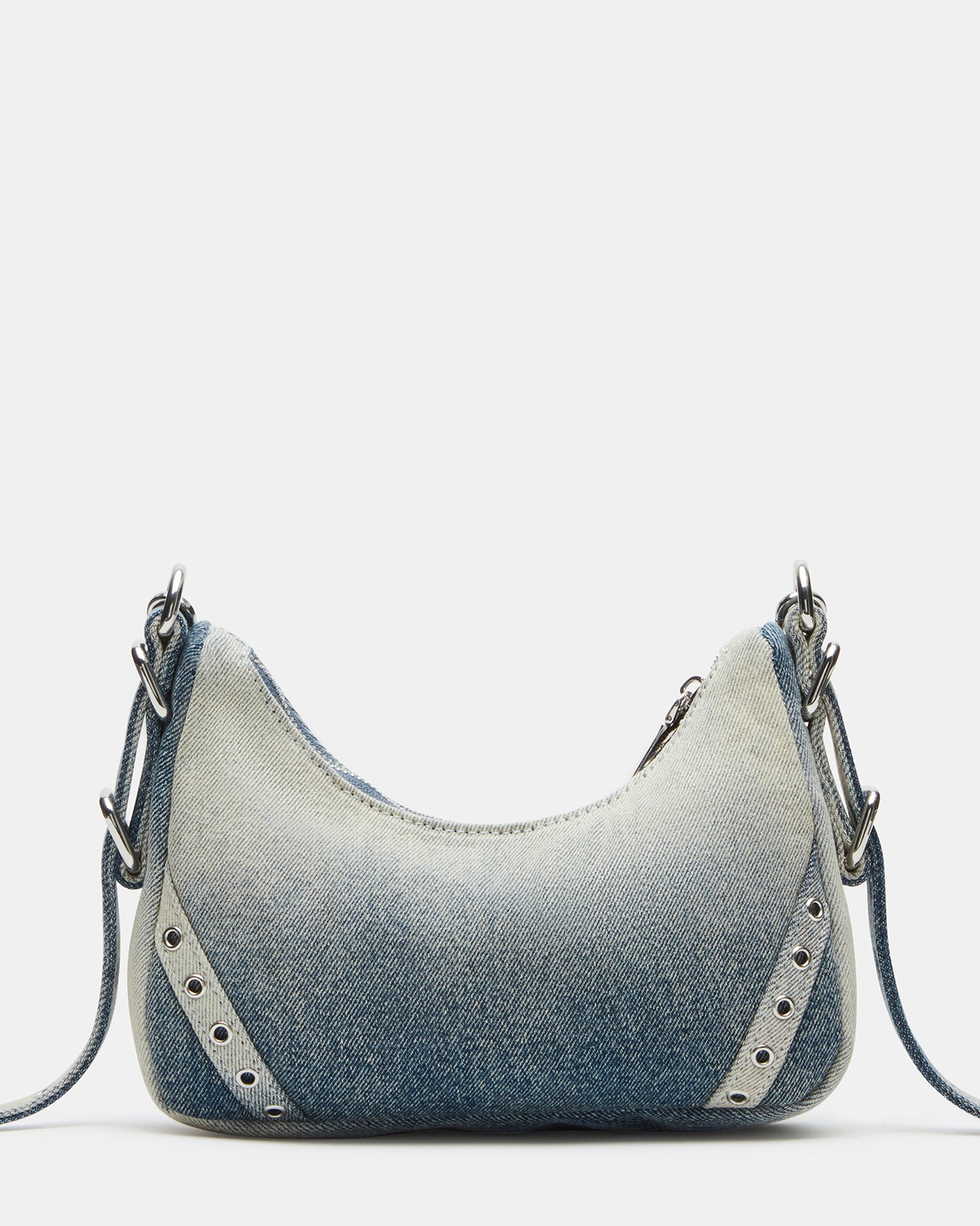 Close-up of the hobo bag with buckle and chain details.