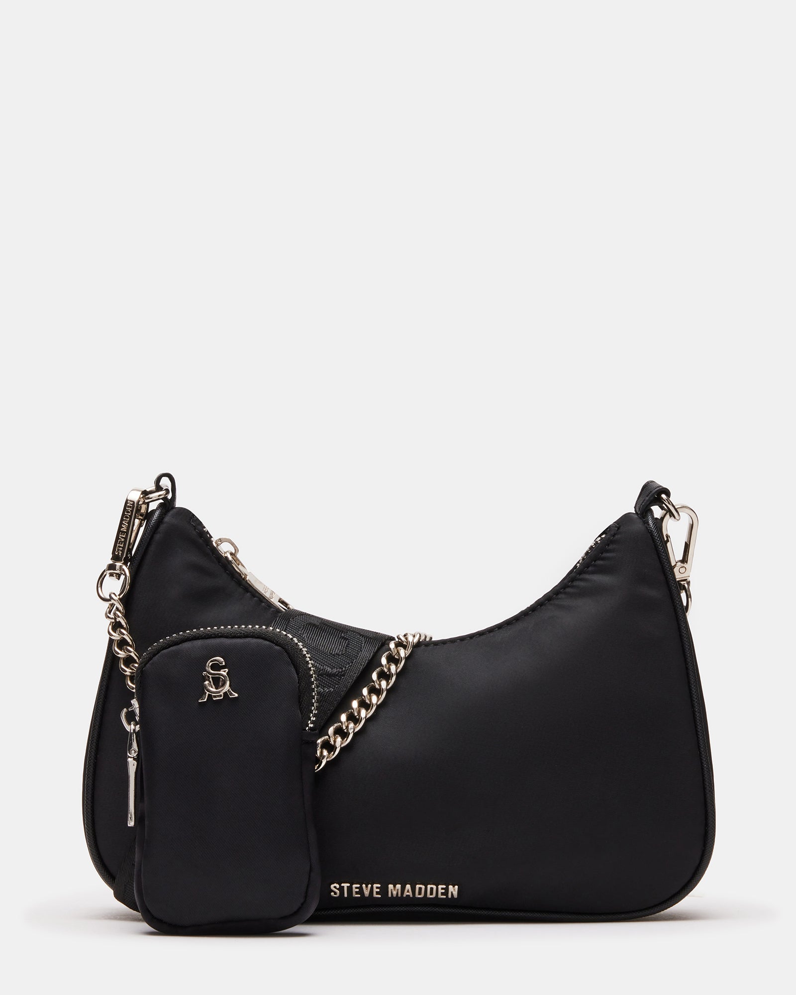 Elegant black handbag with silver chain detail, perfect for daily use.