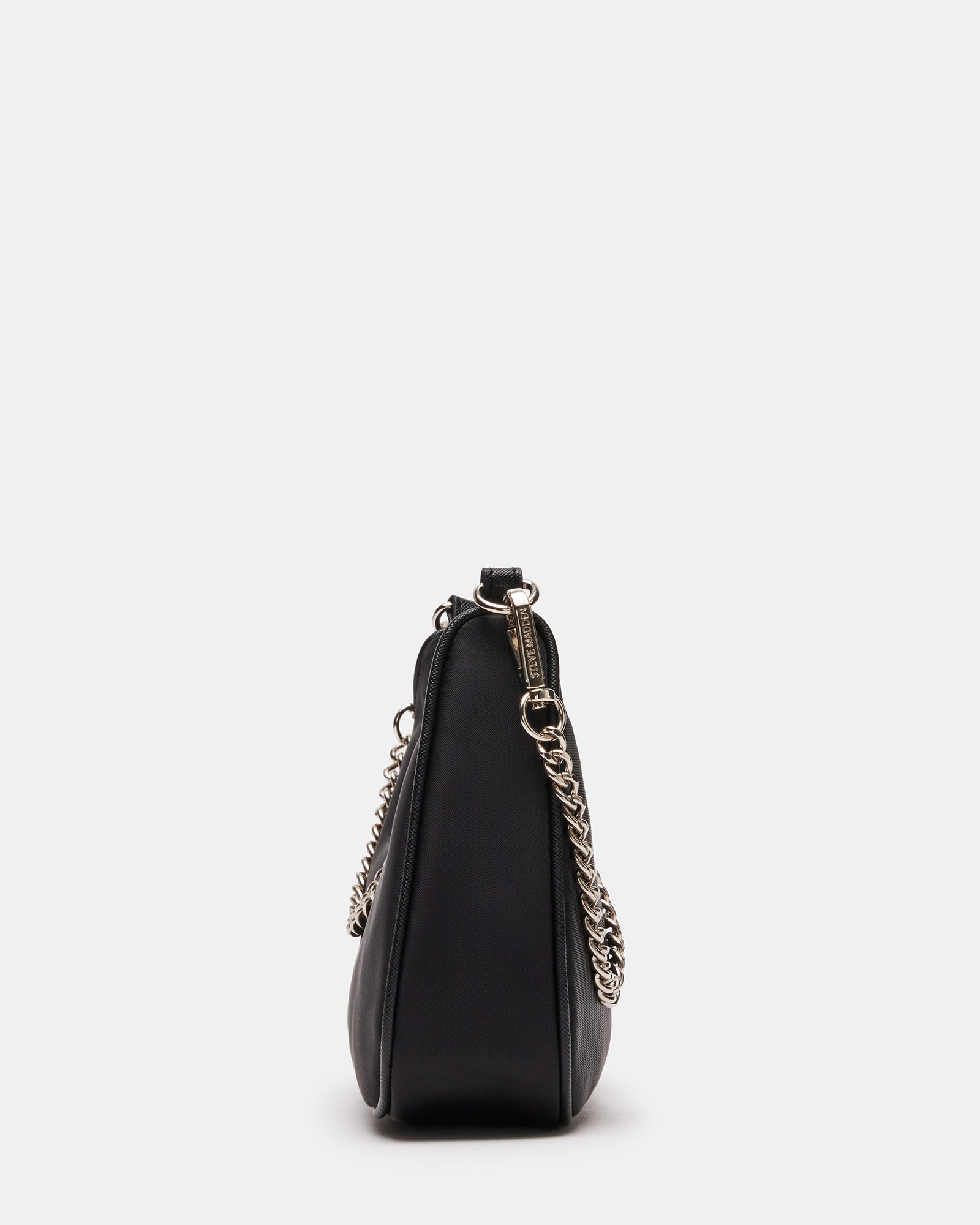 Elegant black handbag with silver chain detail, perfect for daily use.