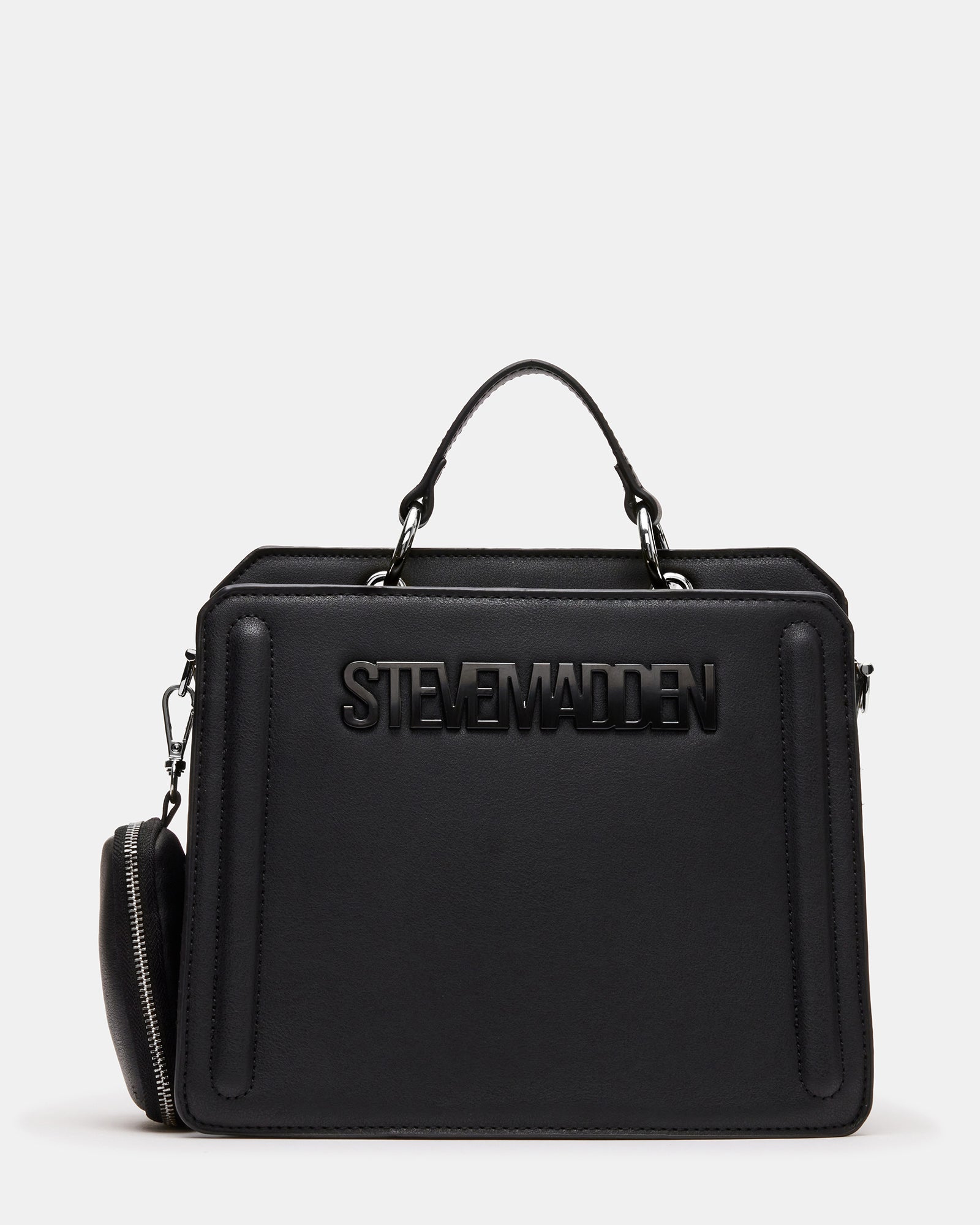 Elegant black leather top handle bag with structured design and oversized hardware