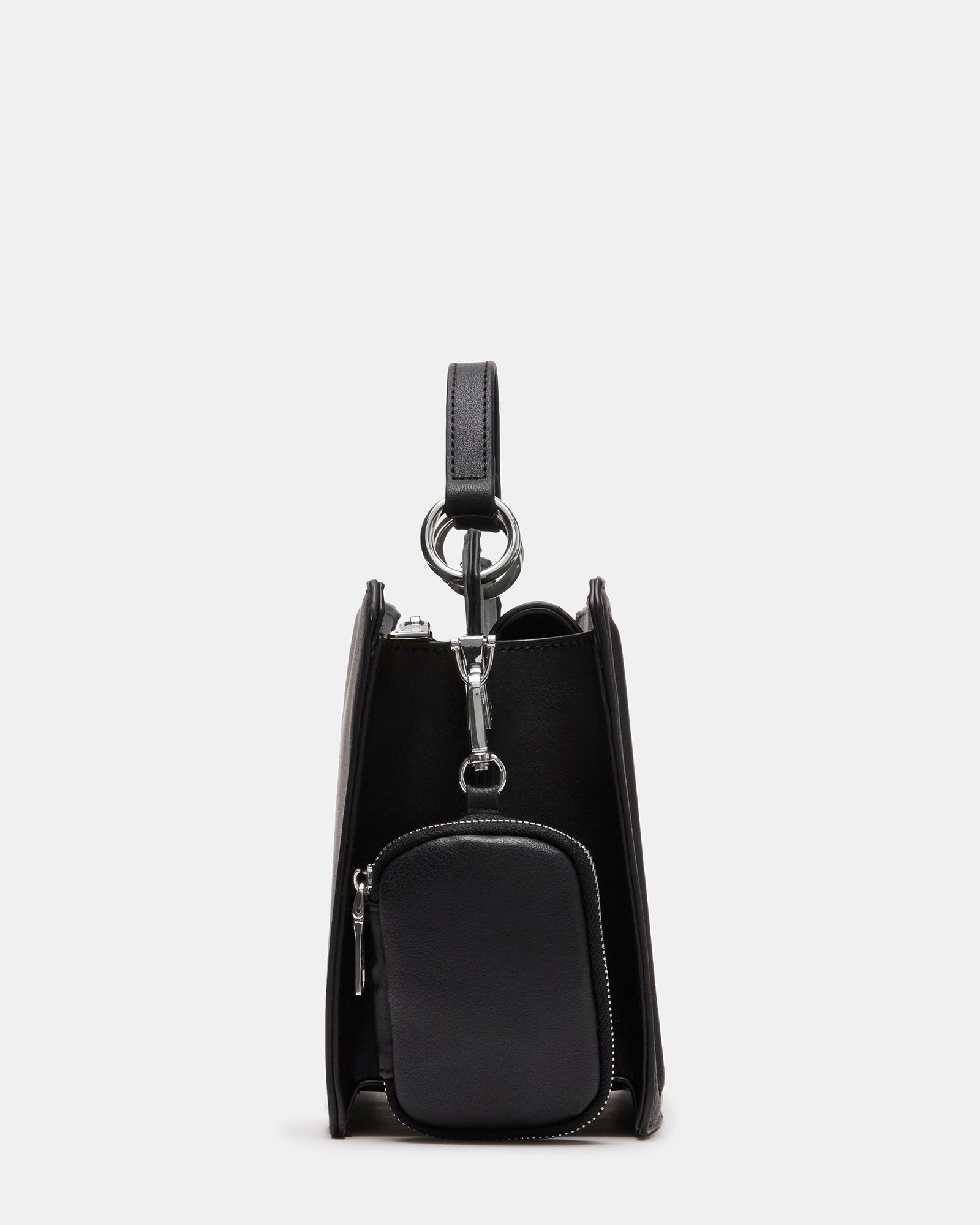 Elegant black leather top handle bag with structured design and oversized hardware