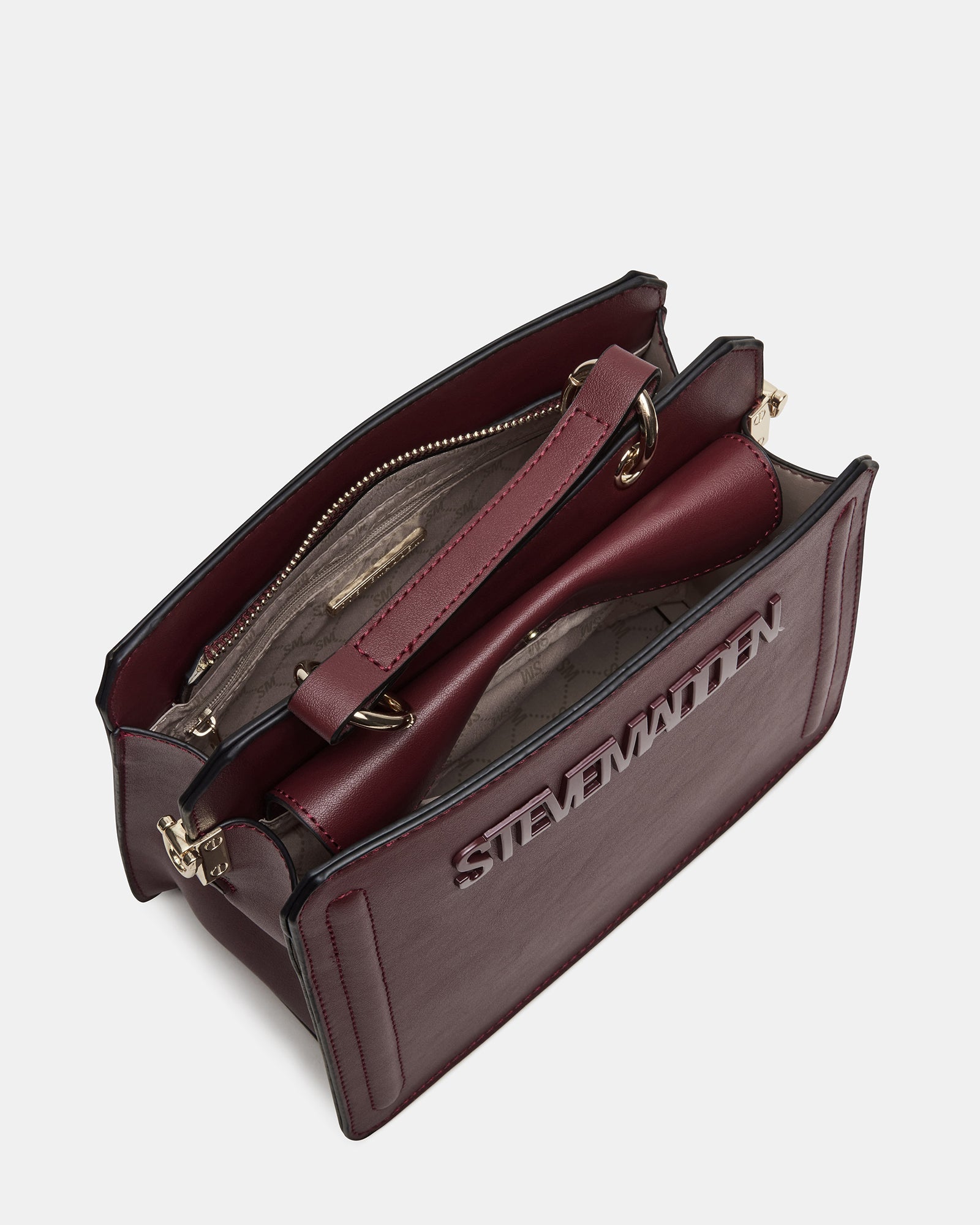 Evelyn Wine Structured Top Handle Bag showcasing its spacious interior and stylish design.