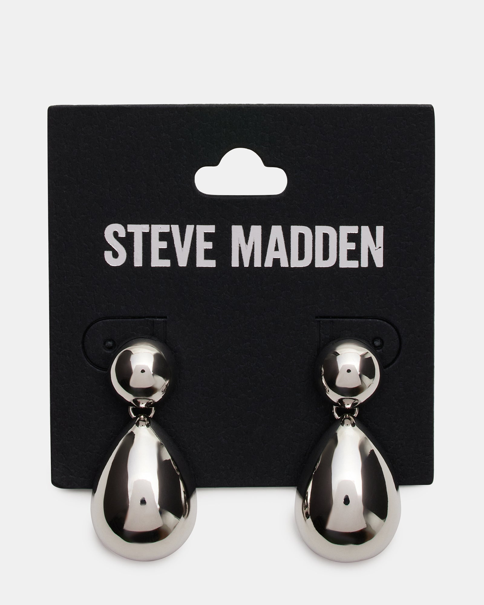 Silver double teardrop earrings displayed on a jewelry stand