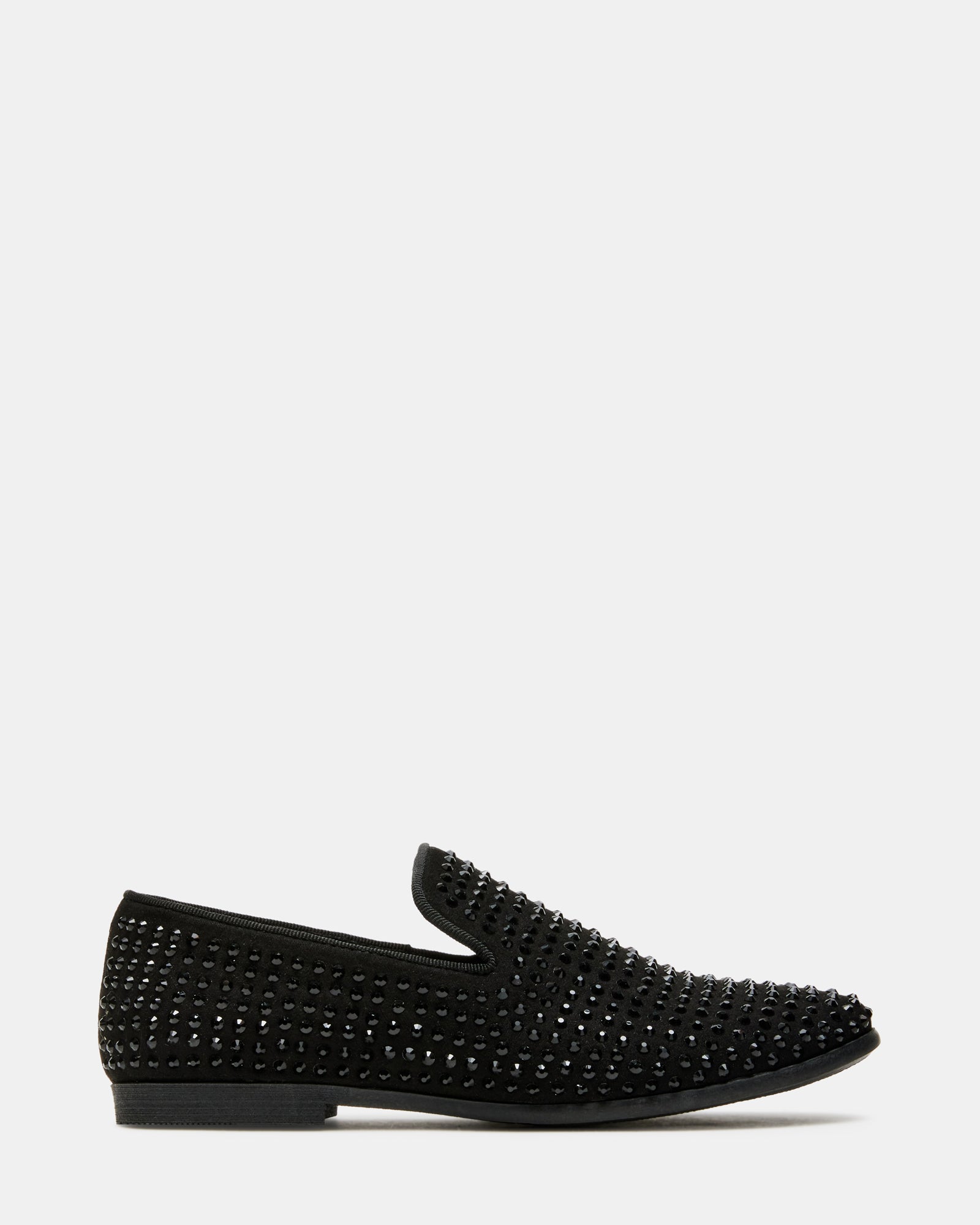 Close-up of boys' caviar black dress loafers with rhinestone details.