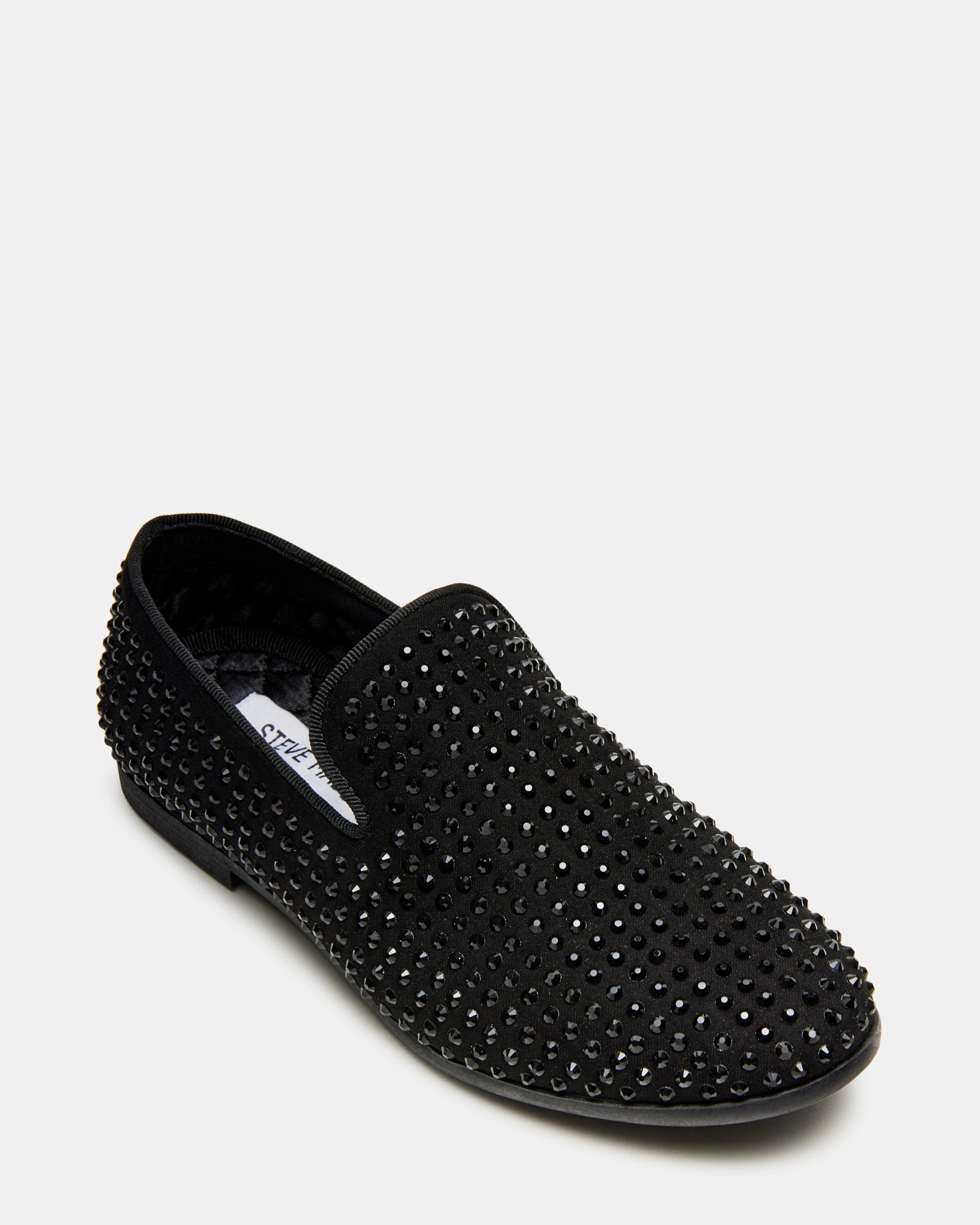 Side view of caviar black boys dress shoes showcasing the slip-on design.