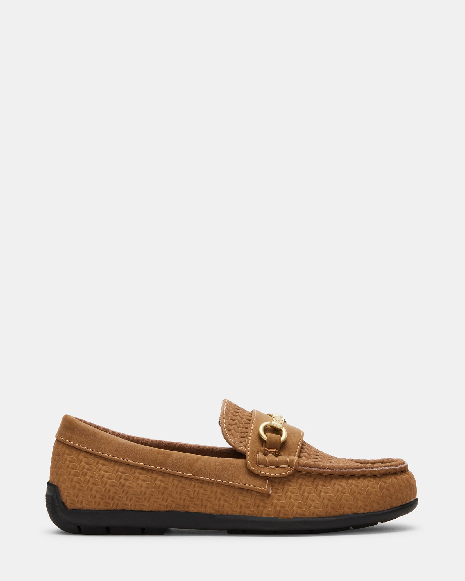 Close-up of taupe kids loafers showcasing horsebit hardware and leather texture