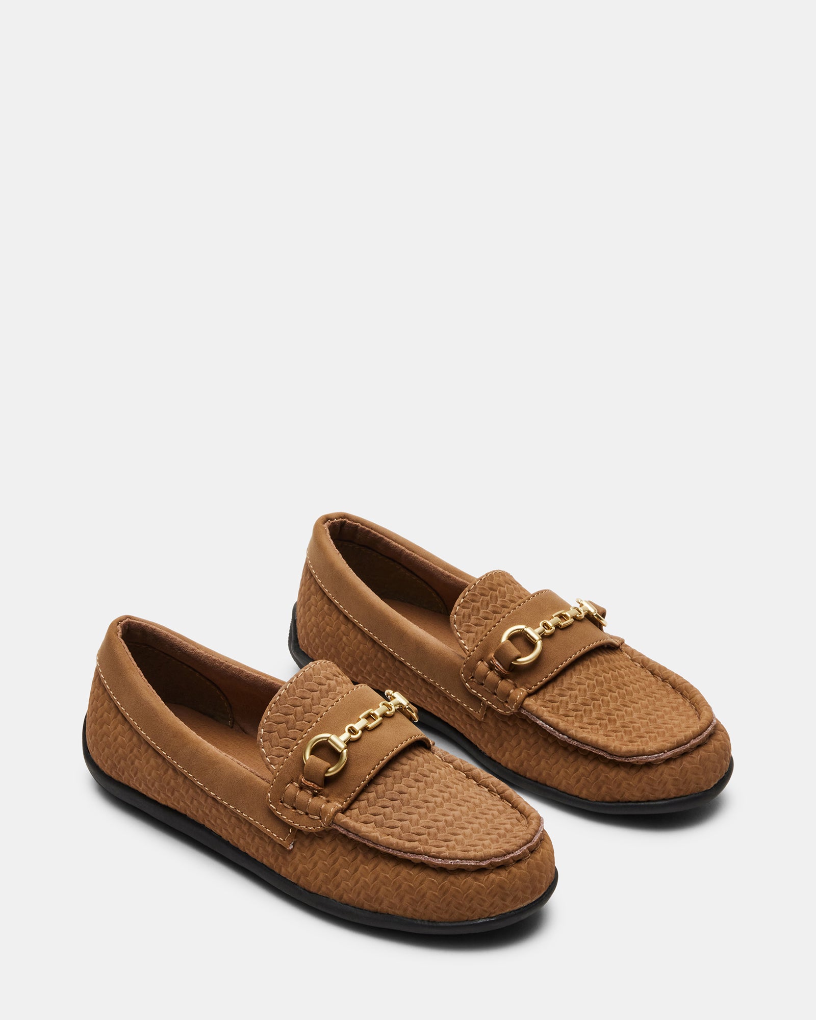 Side view of taupe kids dress shoes styled for formal wear